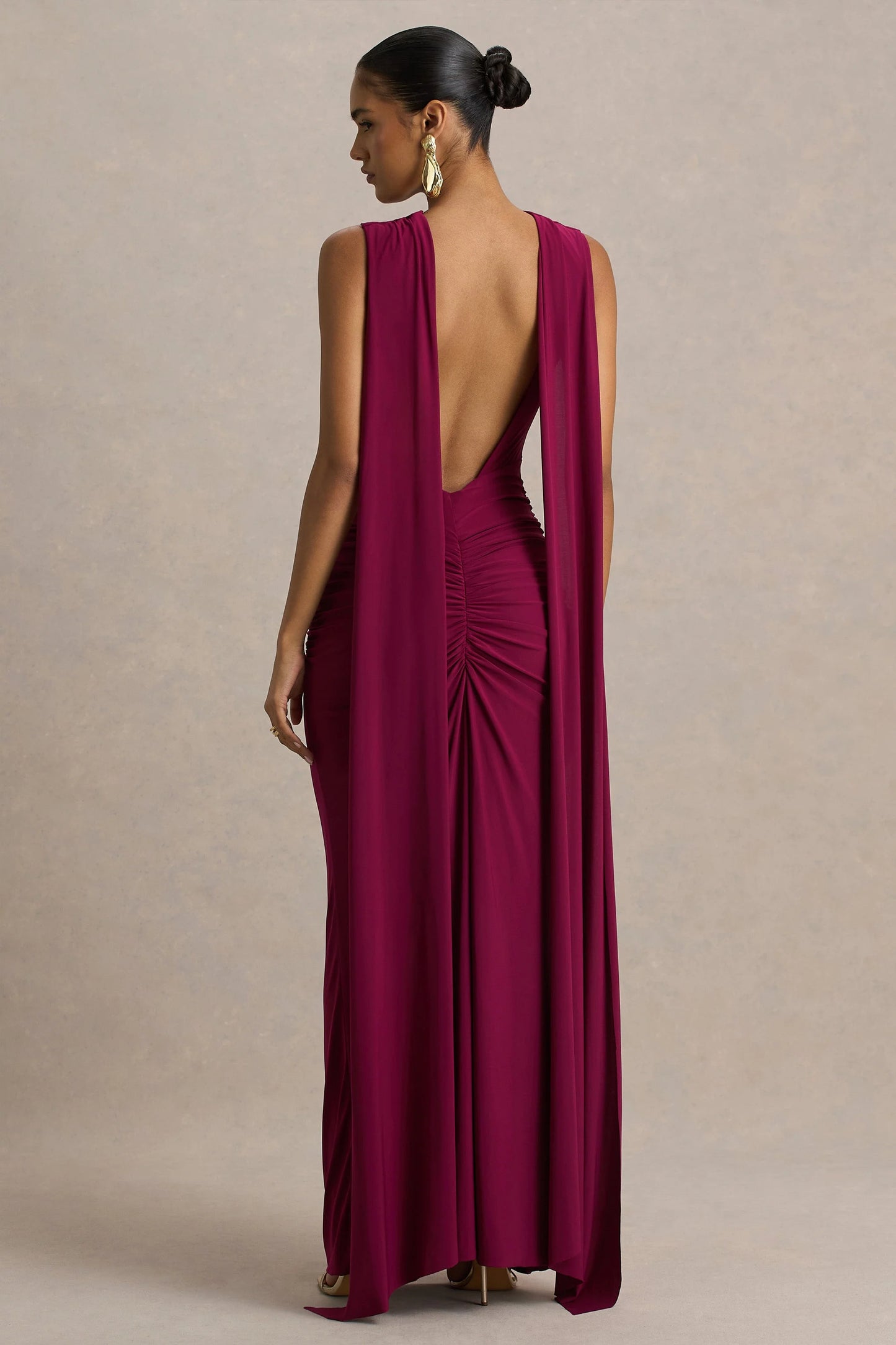 Premiere Burgundy Boat-Neck Maxi Dress With Open-Back And Cape-Sleeves