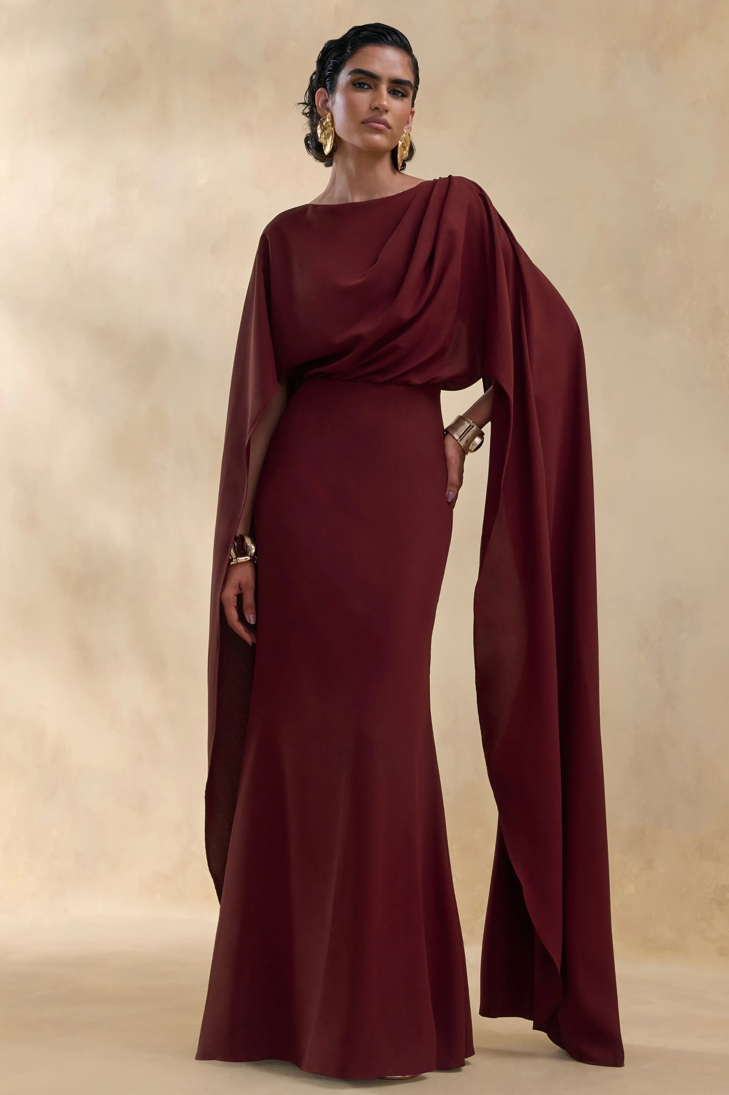 Pristina Burgundy Boat-Neck Woven Maxi Dress With Cape Detail
