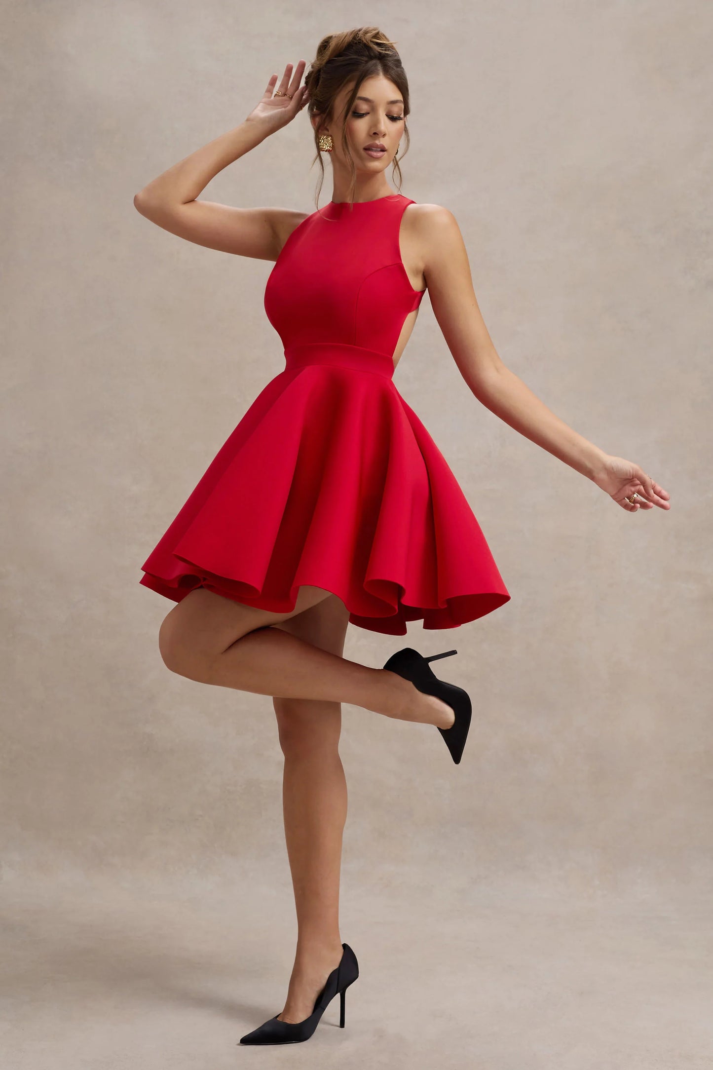 Waverly Red Racer-Neck Sleeveless Skater Mini Dress