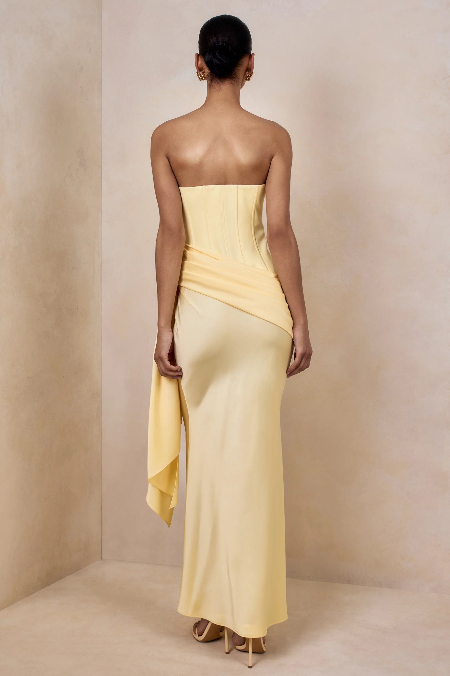 Nalira Lemon Satin Bandeau Maxi Dress With Draped Skirt