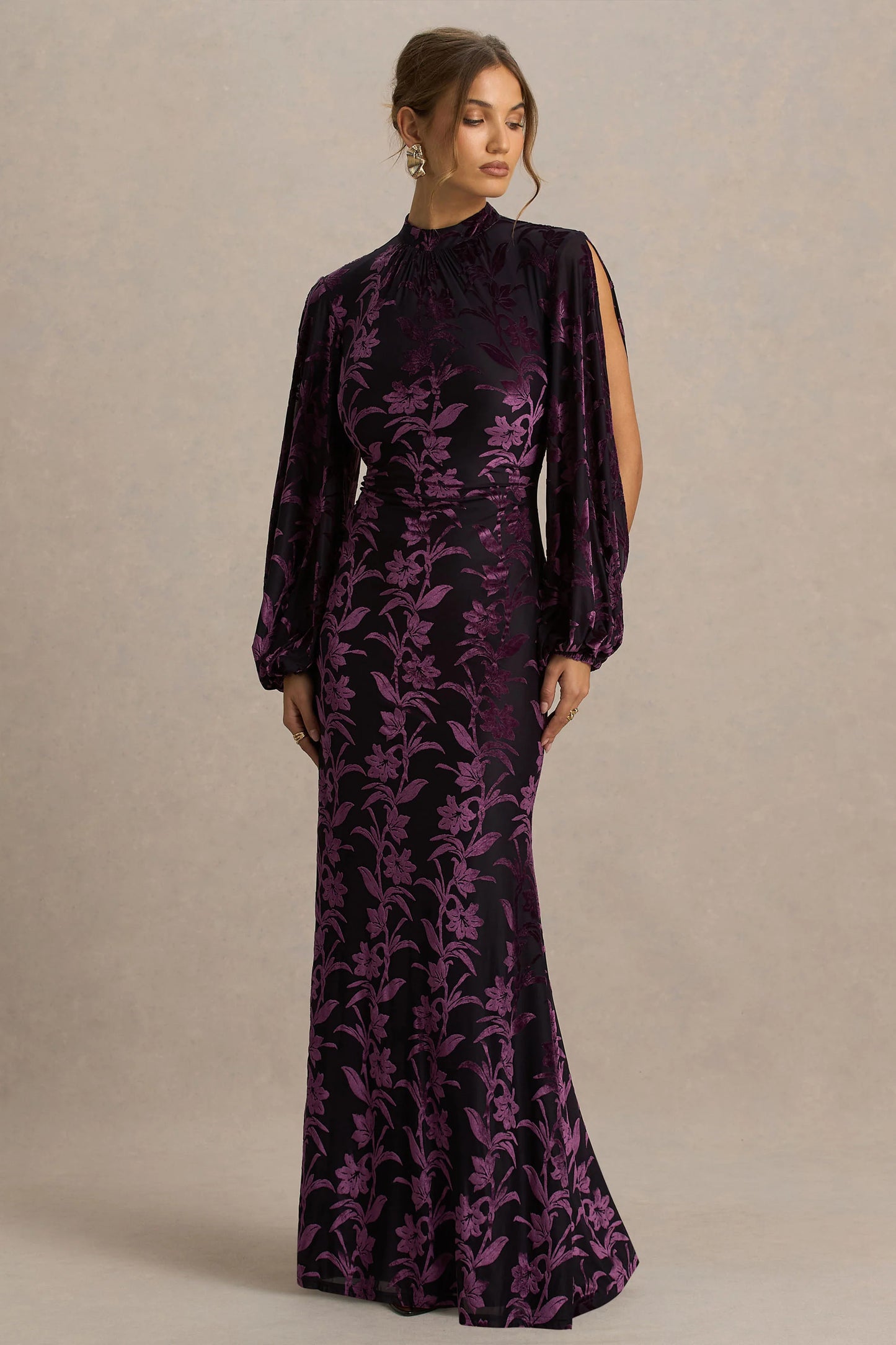 Janet Black And Purple Devore High-Neck Maxi Dress With Cut-Out Details