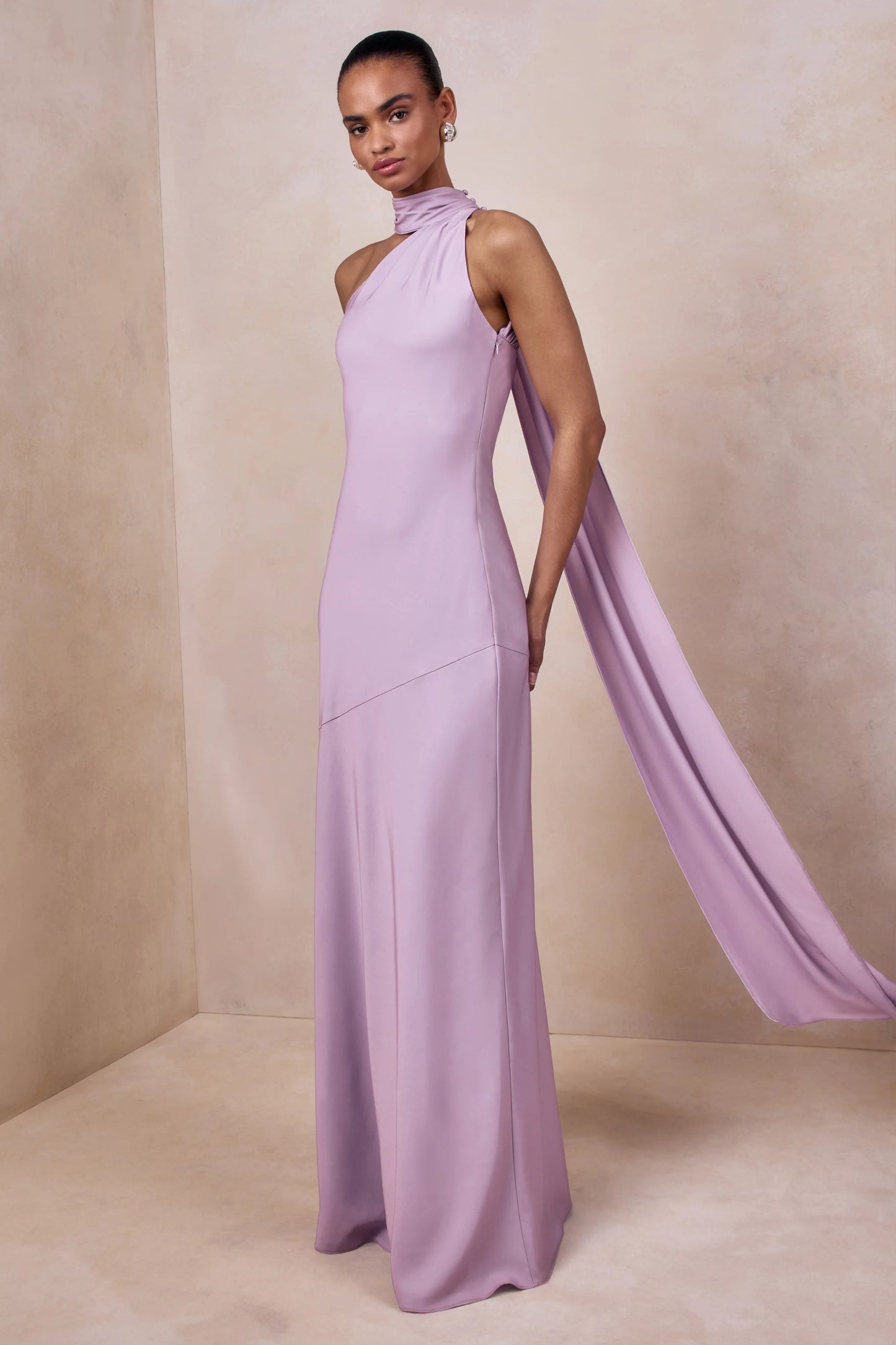 Cara Lilac Matte Satin High-Neck Maxi Dress
