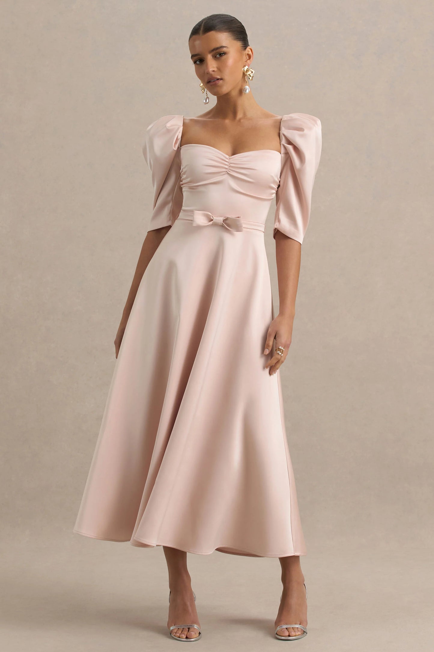 Rosey Pale Pink Satin Sweetheart Midi Dress