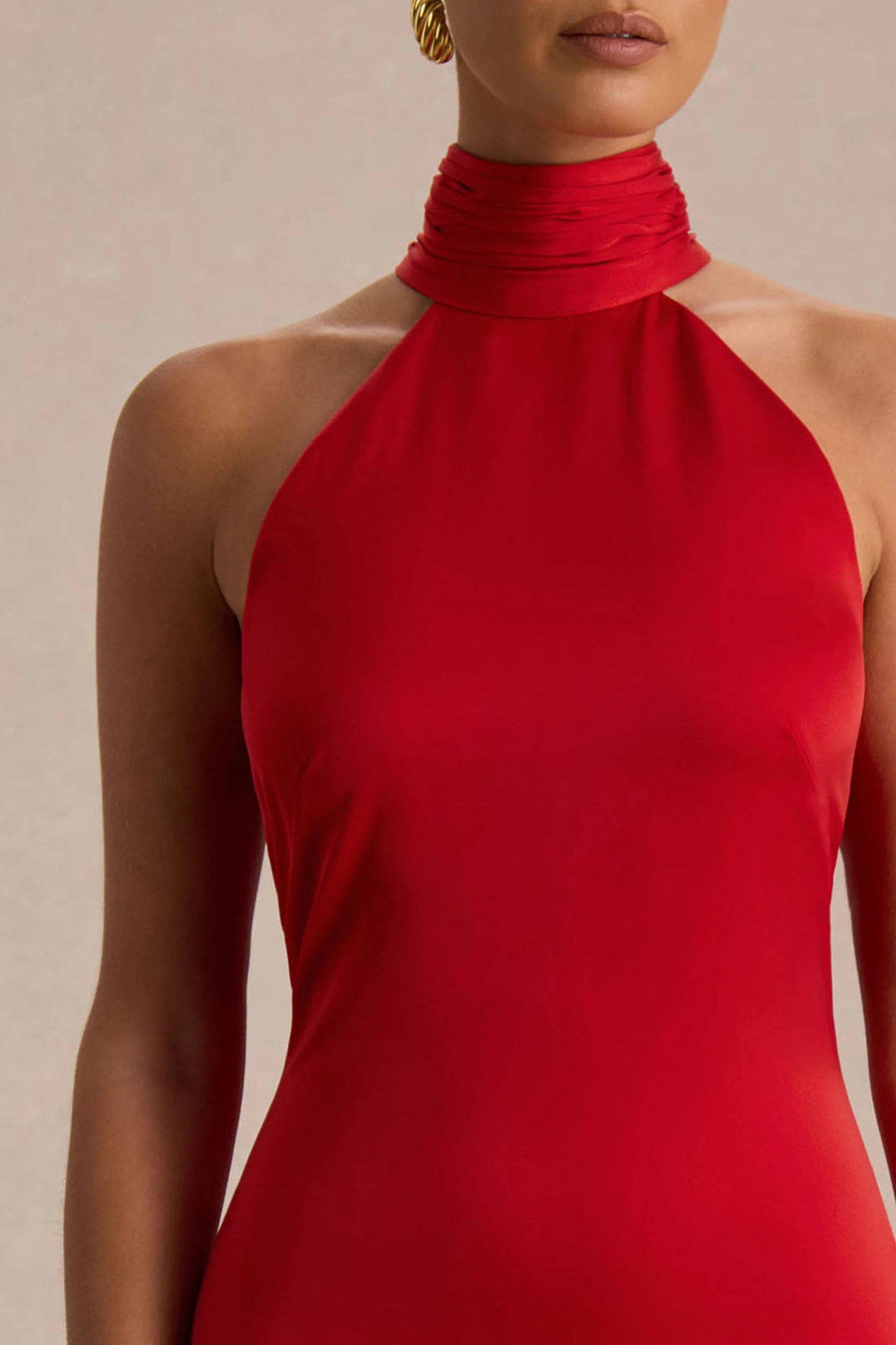 Luscious Red High-Neck Maxi Dress With Drop-Waist And Bow Detail