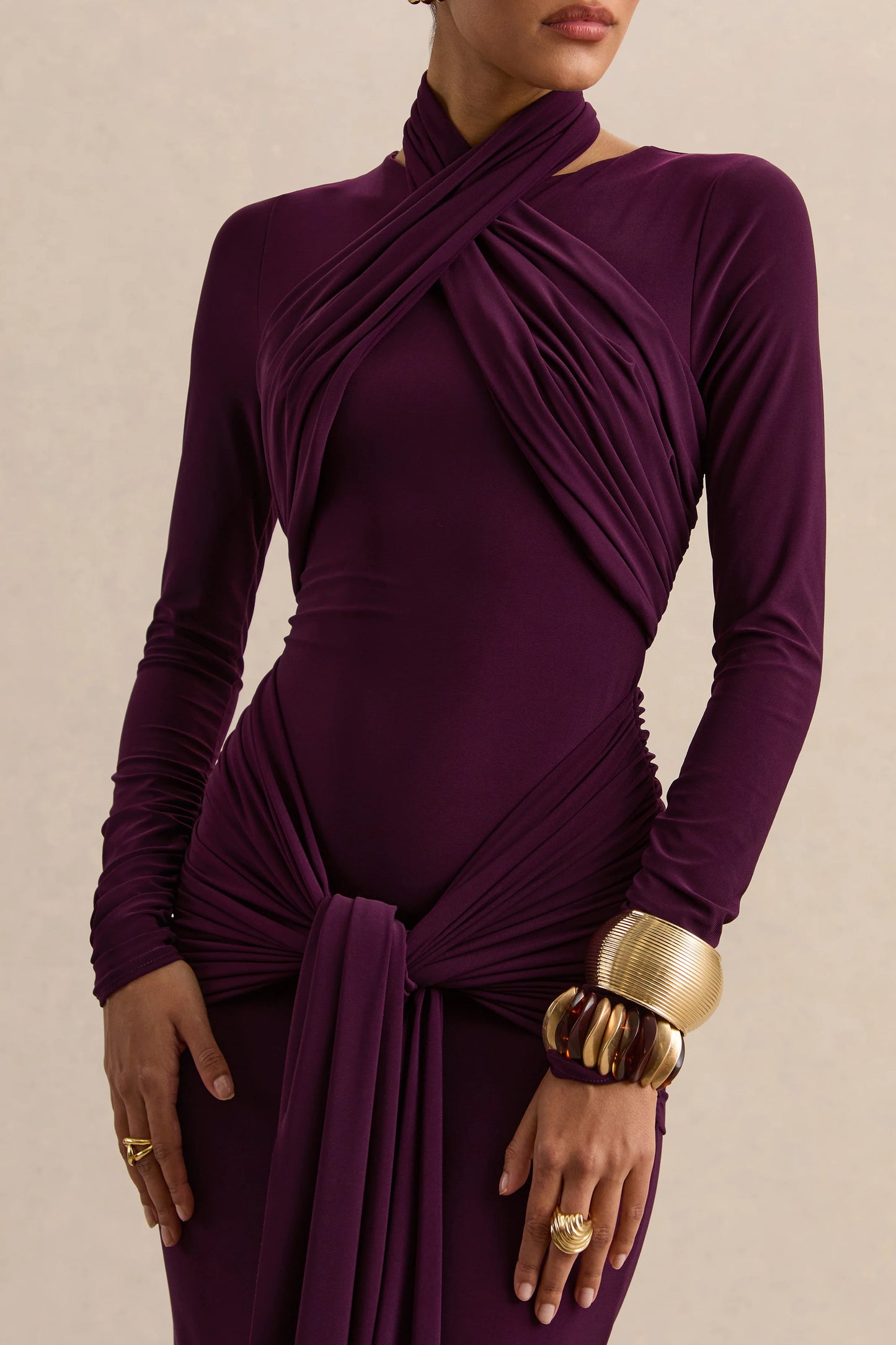 Linessa Dark Plum High-Neck Maxi Dress With Sash And Gathered-Detailing