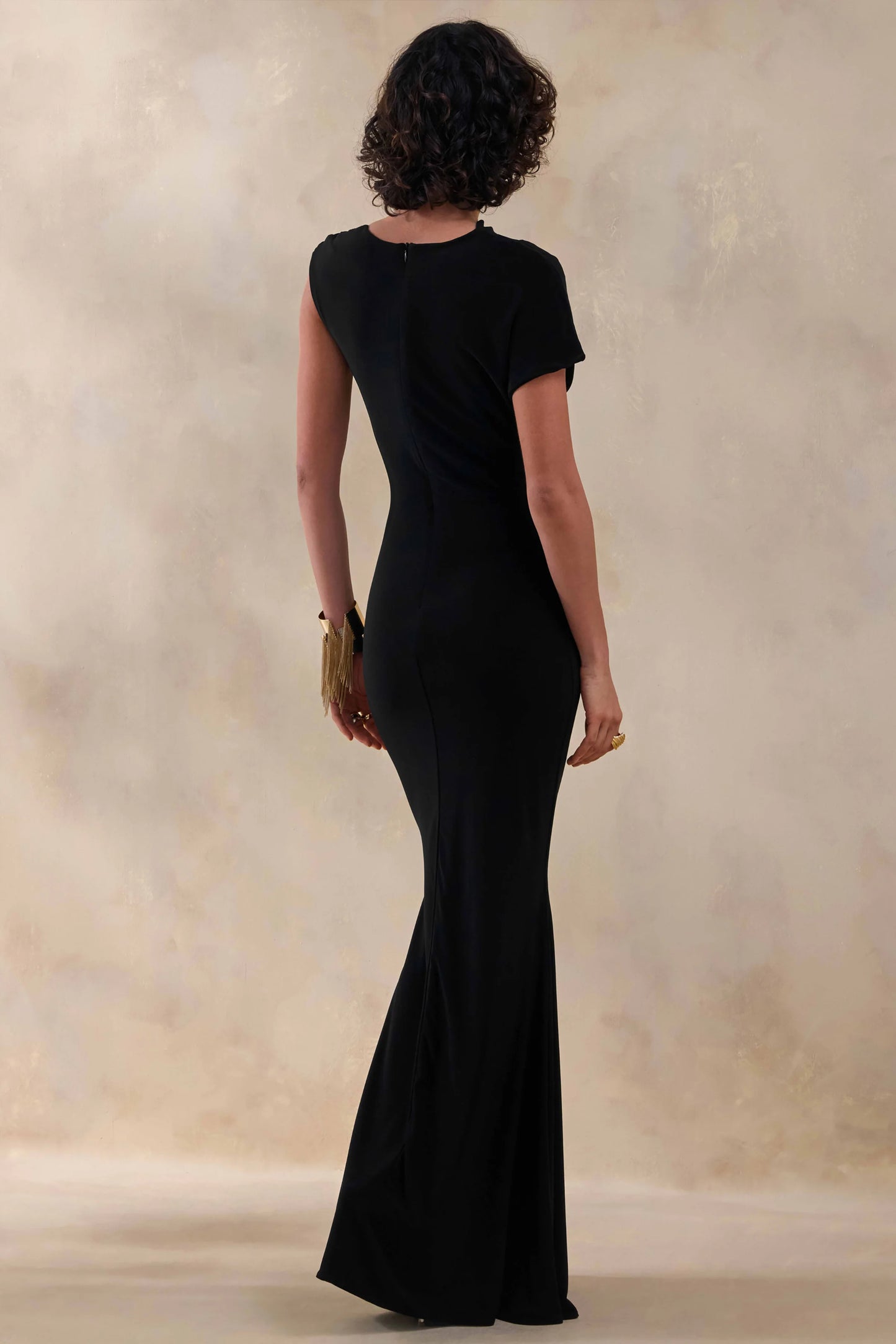 Blaire Black Asymmetric-Neck Maxi Dress With Gold-Detailing
