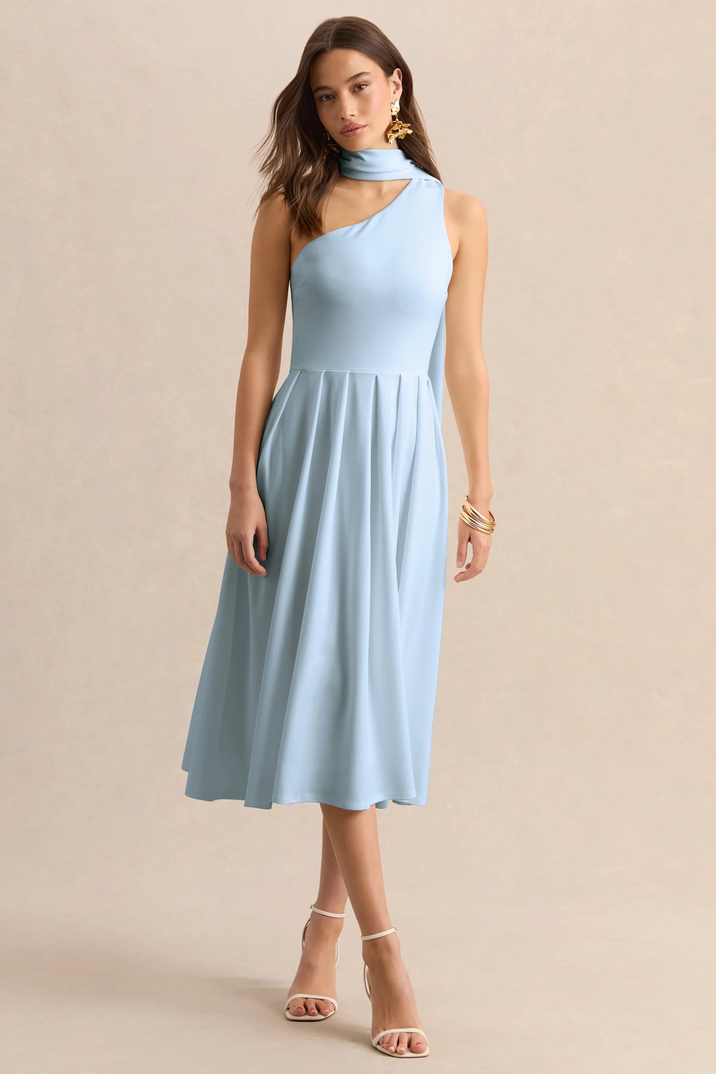 Odette Powder Blue Asymmetric-Neck Midi Dress With Scarf