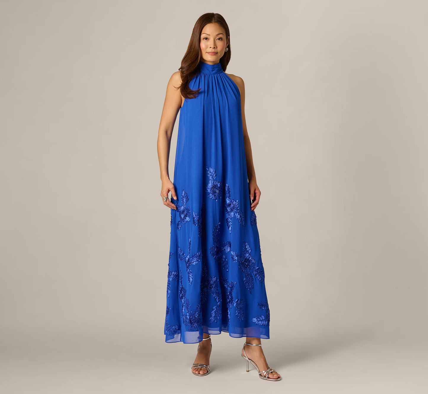 Georgette Soutache Embroidery Trapeze Halter Dress In Brilliant Sapphire