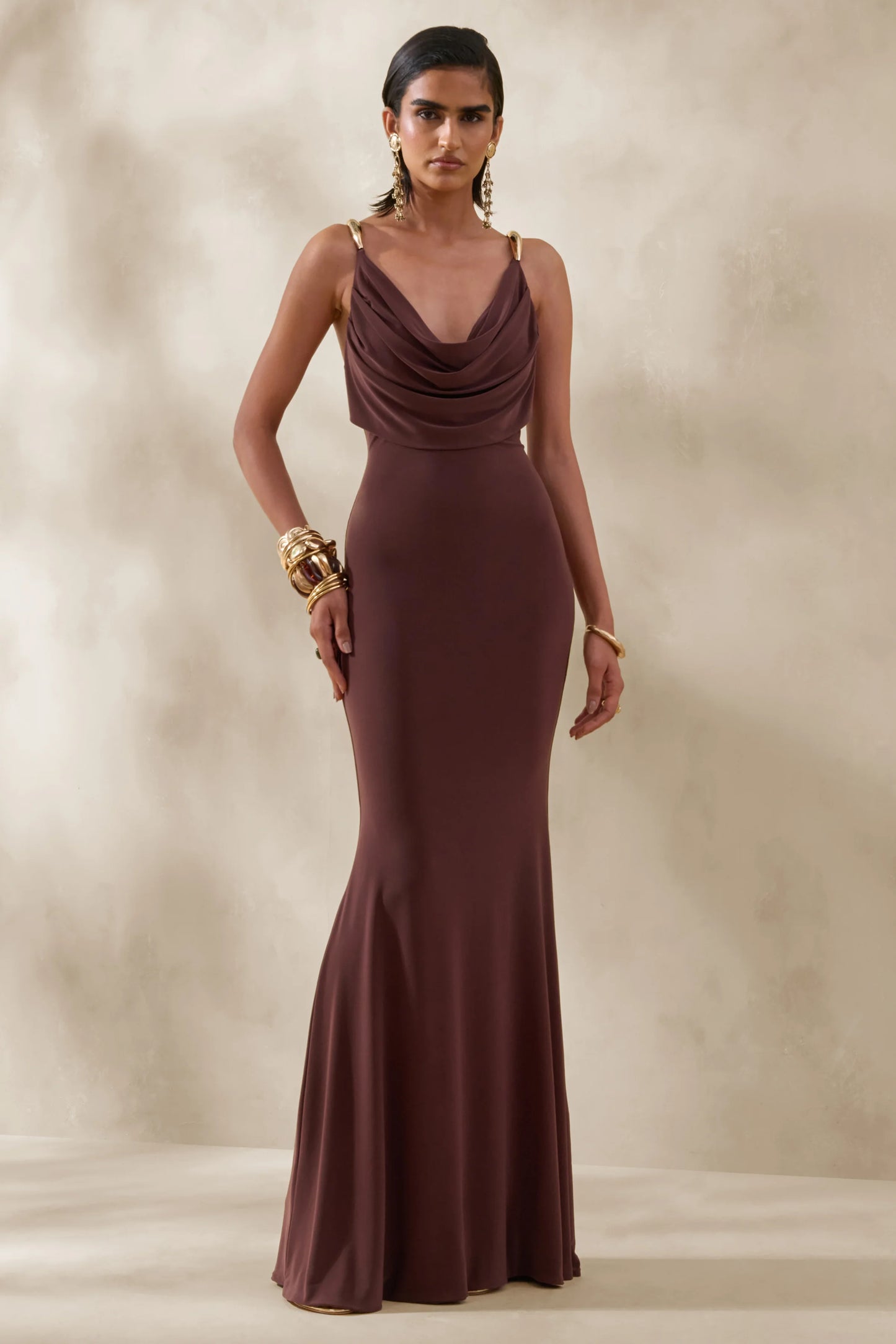 Iridessa Brown Plunge-Neck Maxi Dress