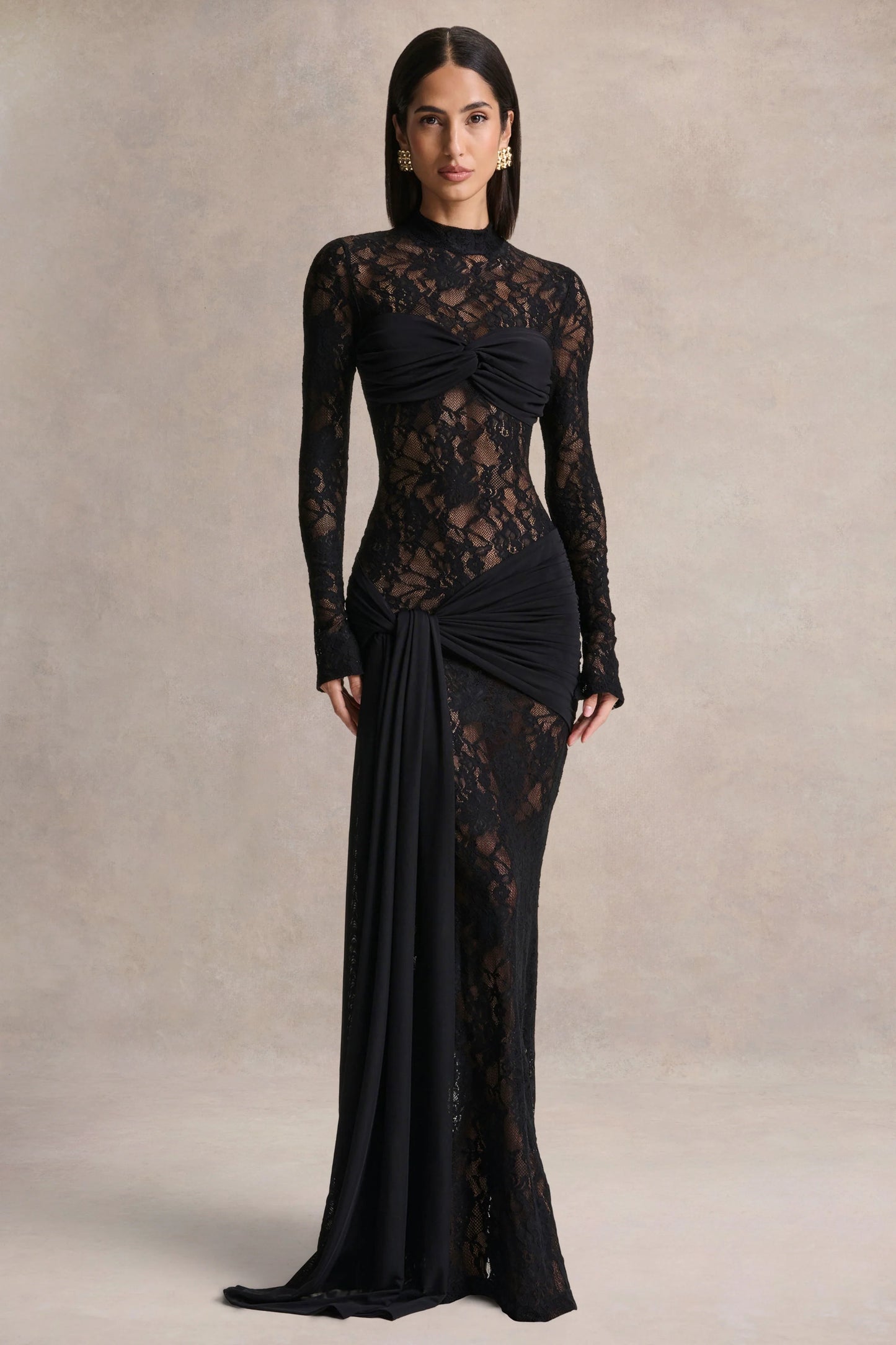 Akira Black Lace Maxi Dress With Sash-Detail
