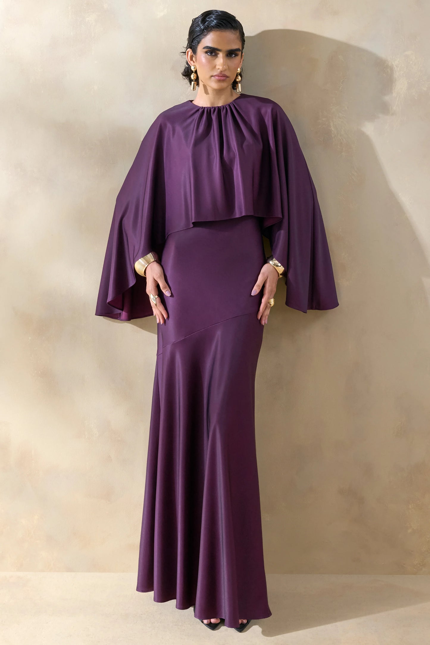 Vanthea Dark Plum Satin Round-Neck Maxi Dress With Cape-Sleeves