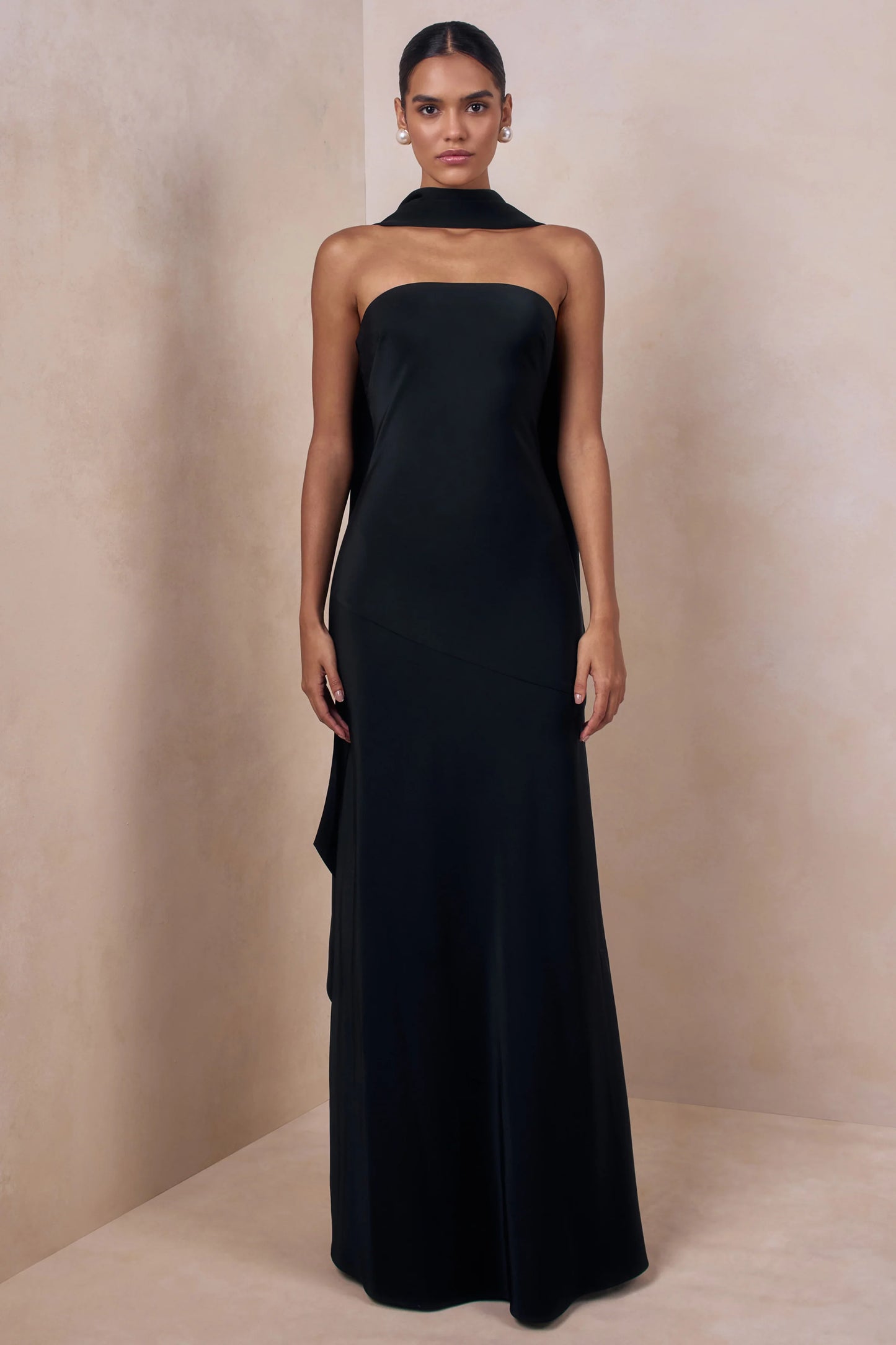 Charly Black Matte Satin Bandeau Maxi Dress With Scarf-Detail