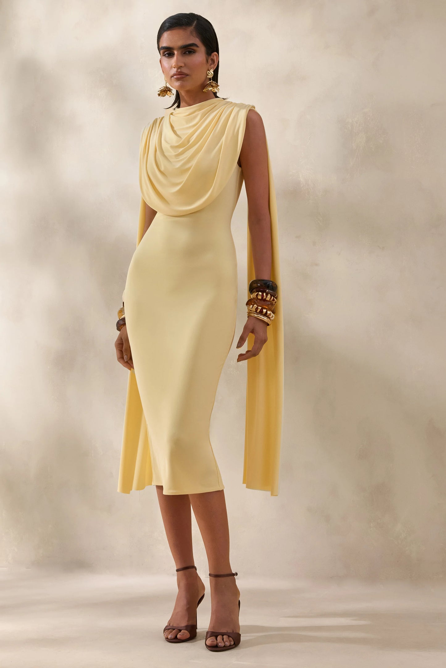 Lysandria Lemon High-Neck Midi Dress With Draped-Detailing