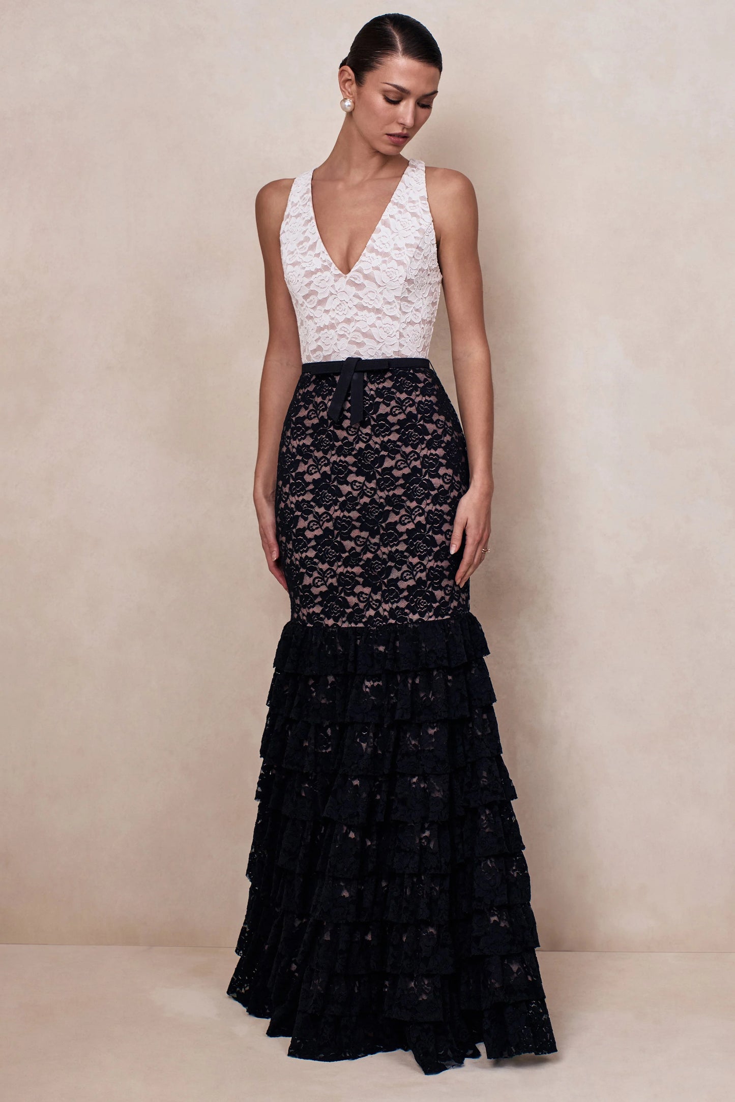 Isoria Black And White Lace Halter-Neck Maxi Dress With Bow-Belt Detail