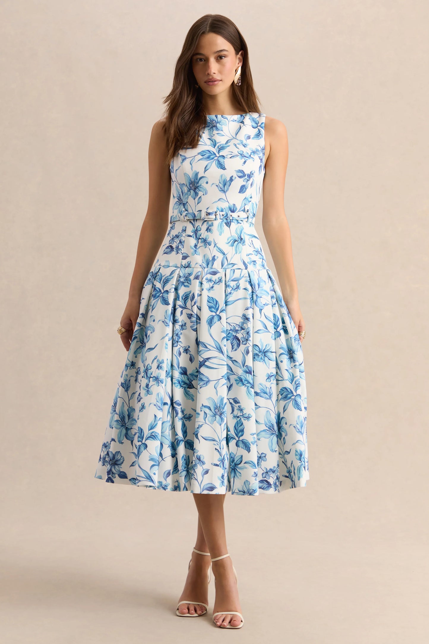 Sunnira Blue Porcelain Print Boat-Neck Midi Dress With Drop-Waist