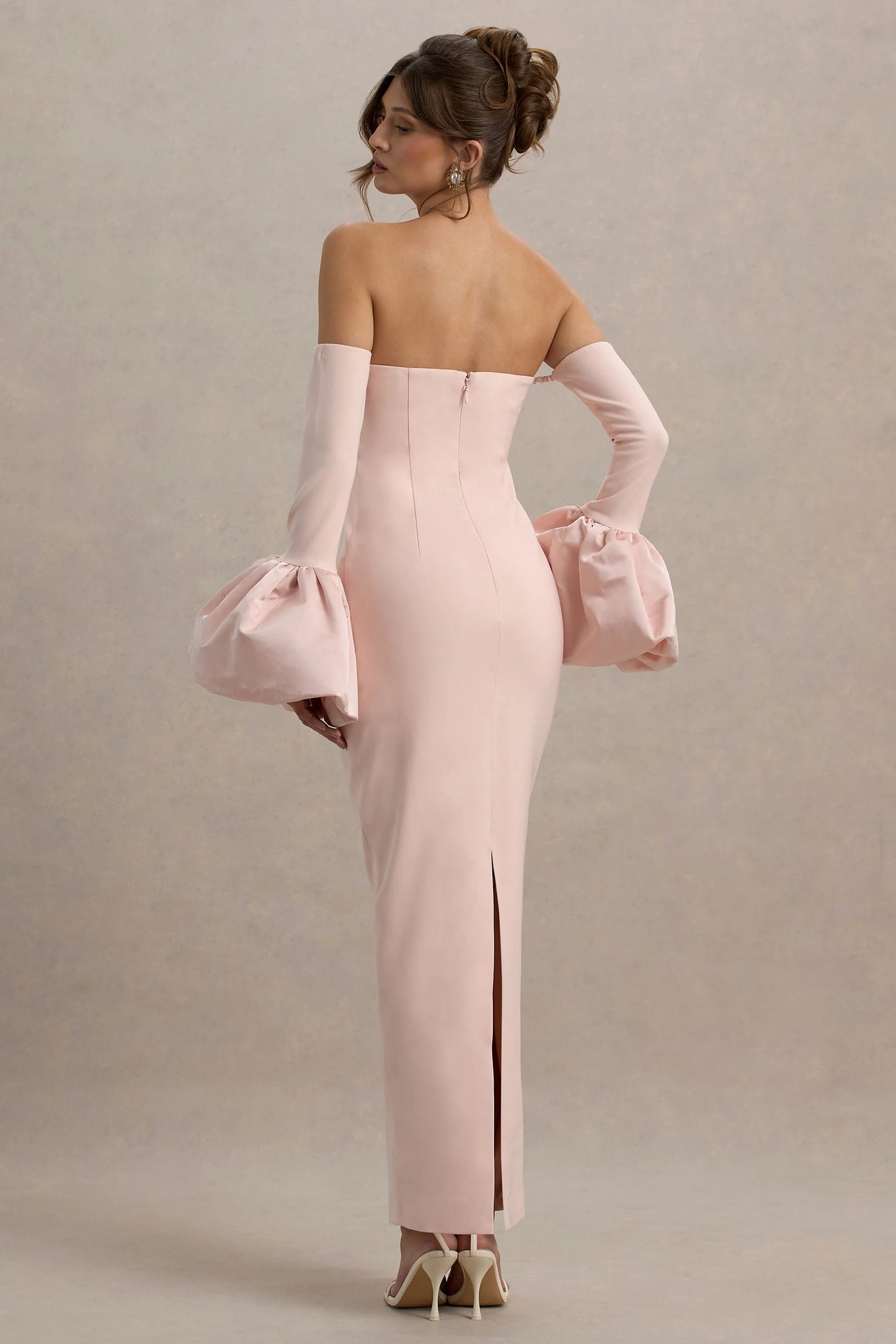 Myah Pink Bandeau Long-Sleeve Maxi Dress With Puff Cuffs