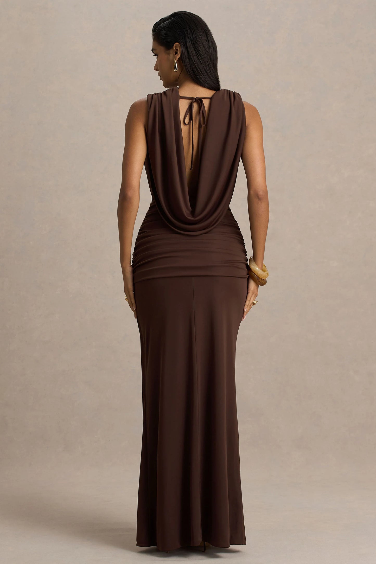 Serafina Chocolate Extreme-Plunge Neck Maxi Dress With Wrap And Ruched Details