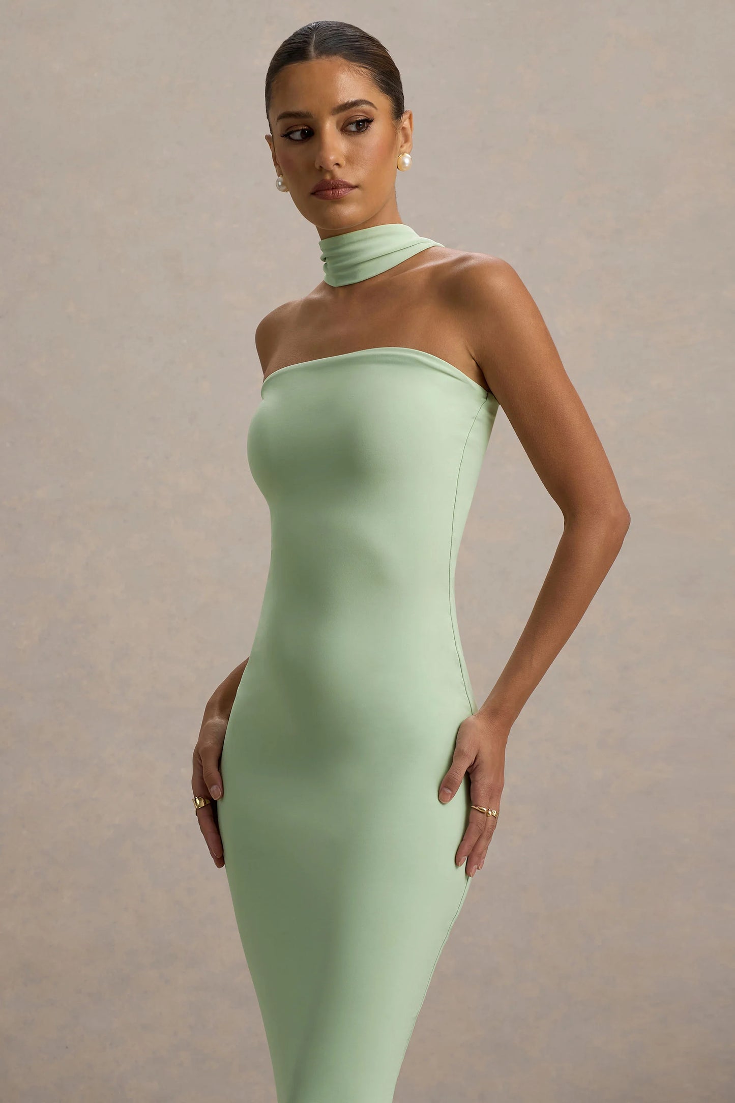 Nobu Light Green Bandeau Maxi Dress With Halter-Collar