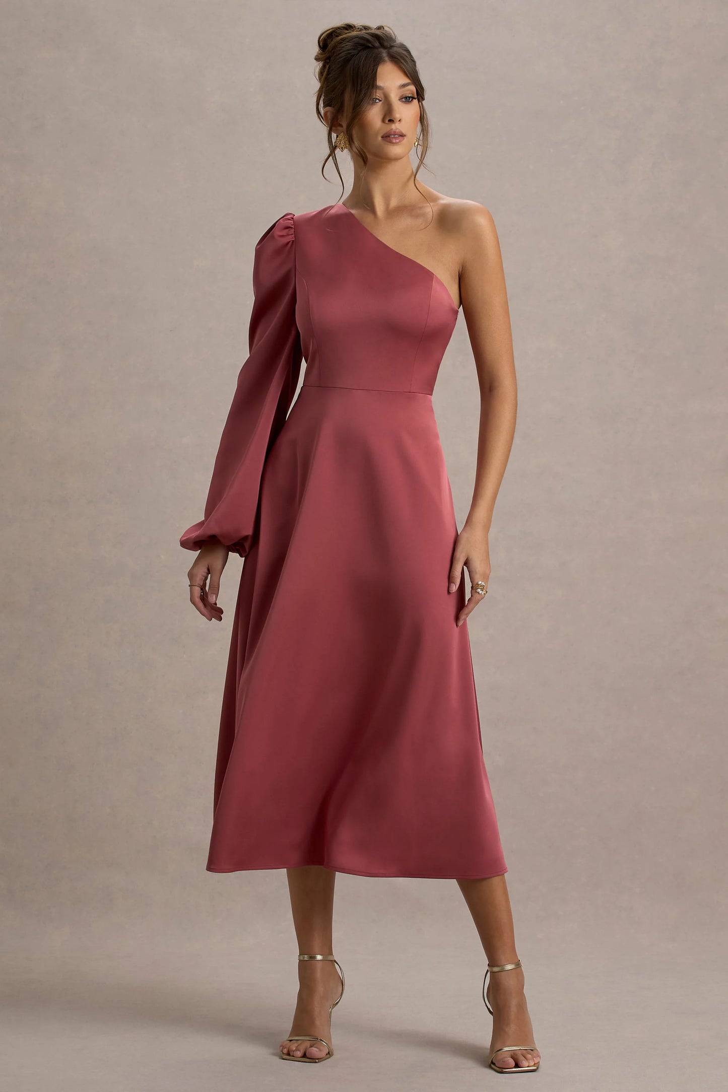 Haila Rose Pink Satin One-Shoulder Midi Dress