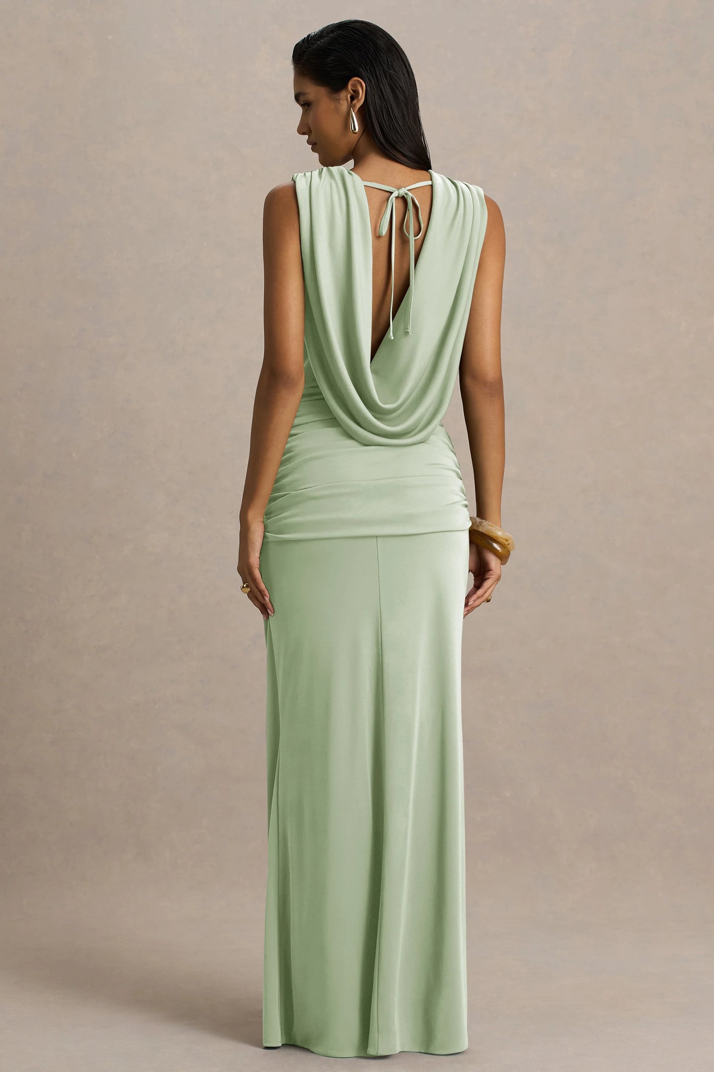 Serafina Light Green Extreme-Plunge Neck Maxi Dress With Wrap And Ruched Details