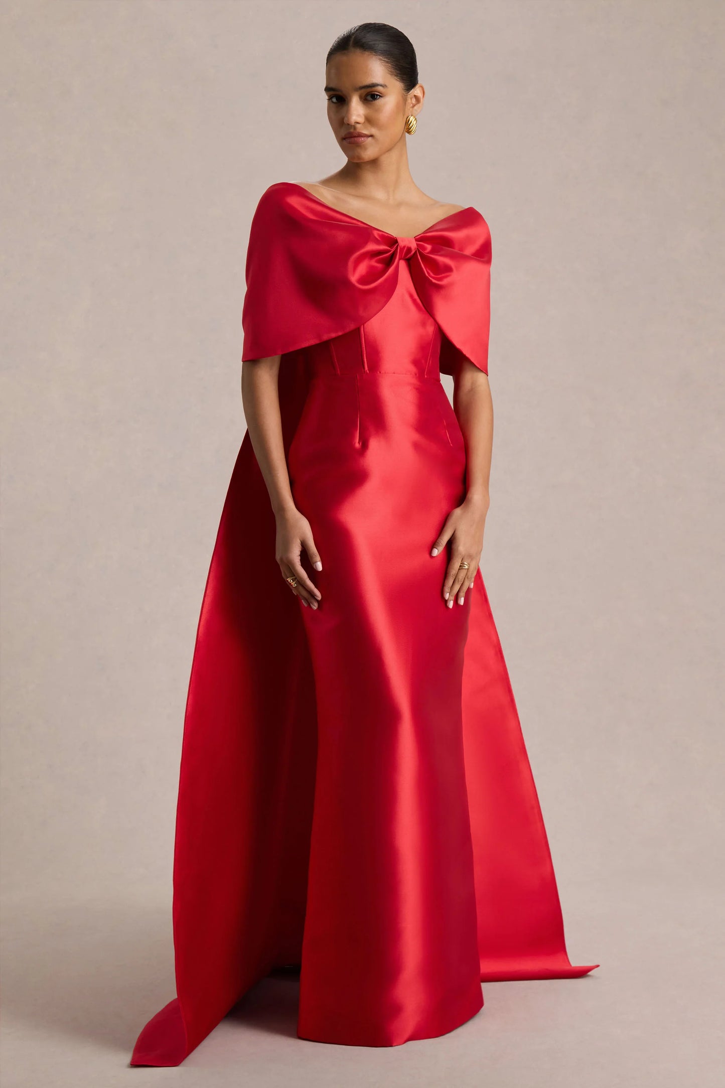 Wanting More Red Satin Cape Maxi Dress With Oversized Bow