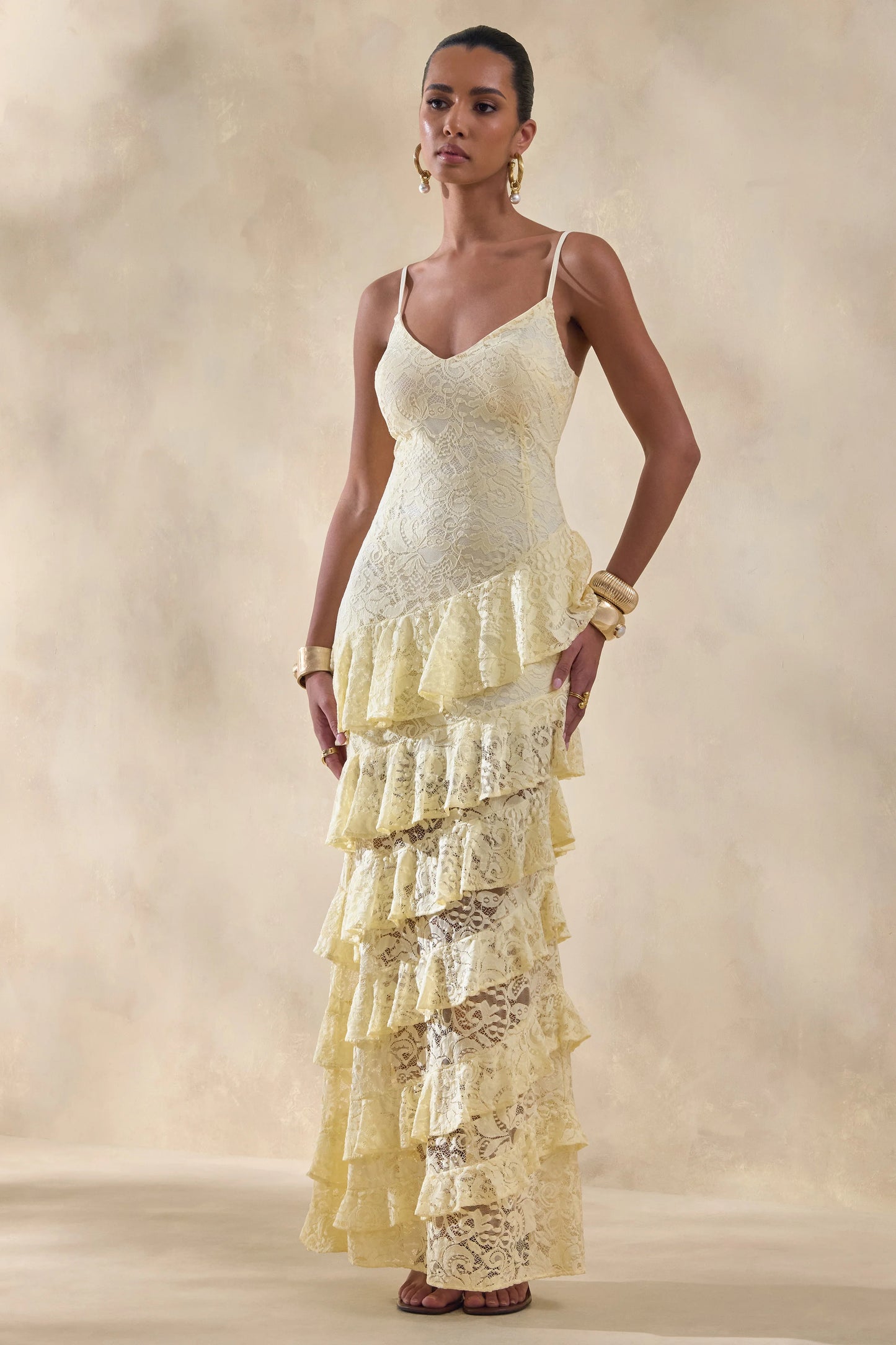 Avelisse Lemon Lace Plunge-Neck Maxi Dress With Ruffled Detailing