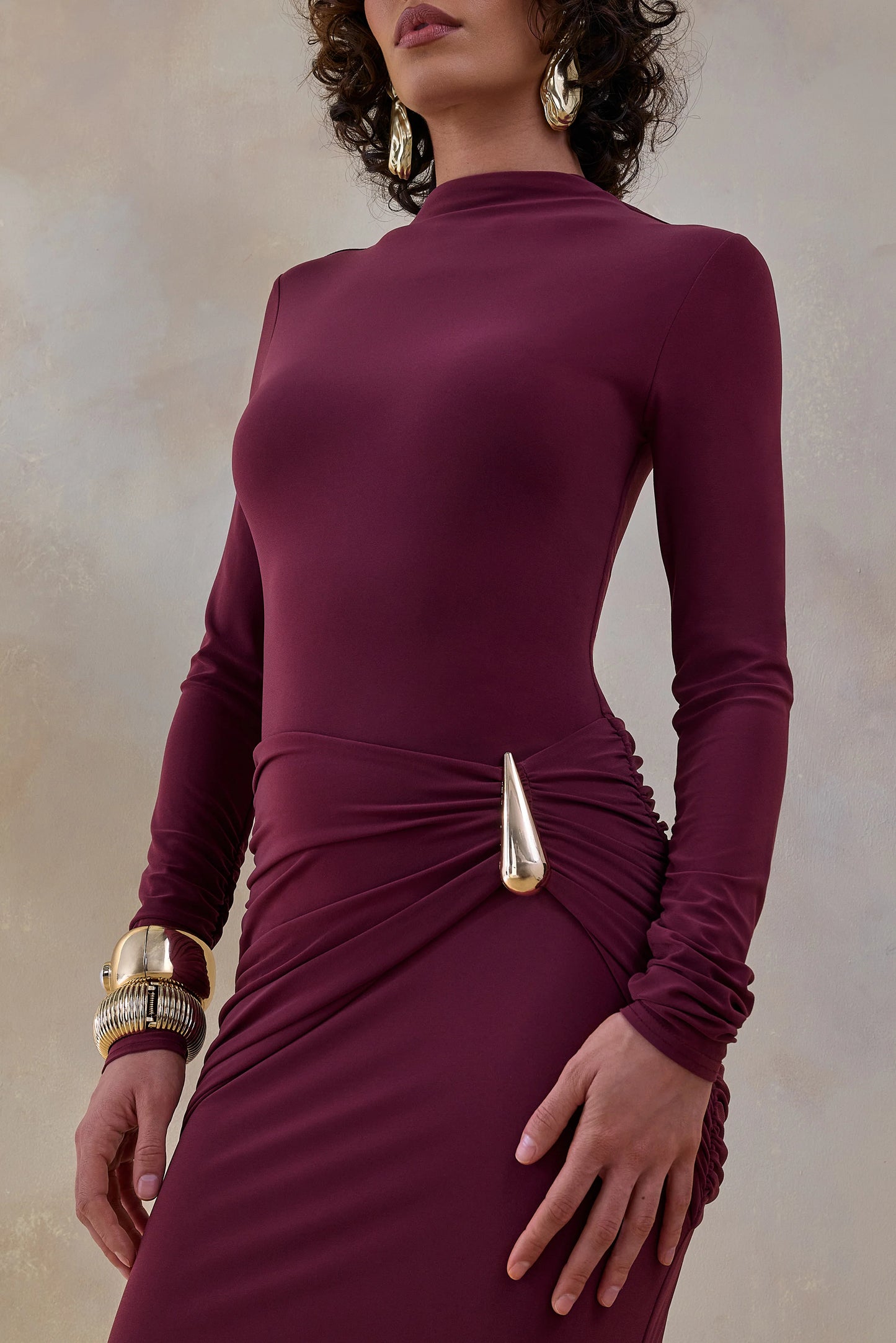 Solarium Burgundy Long-Sleeve Maxi Dress With Gold Detail
