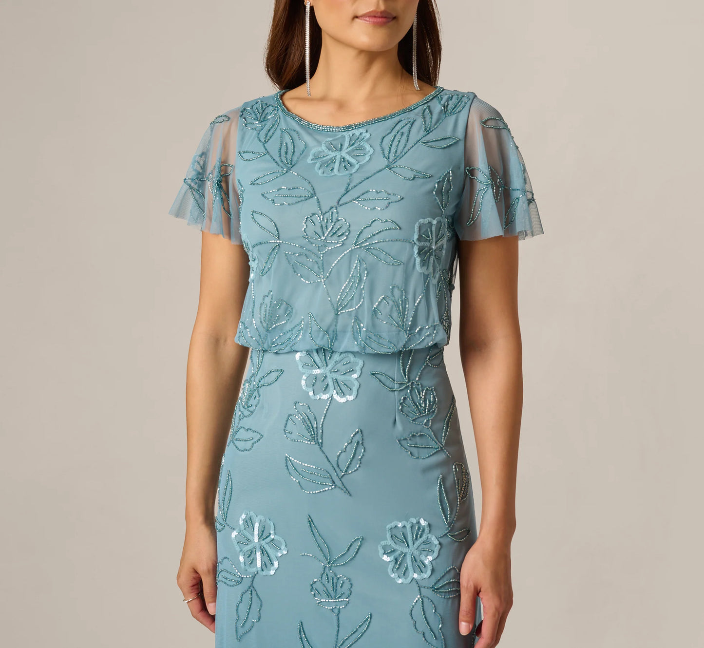 Flutter Sleeve Floral Beaded Blouson Gown In Air Sky