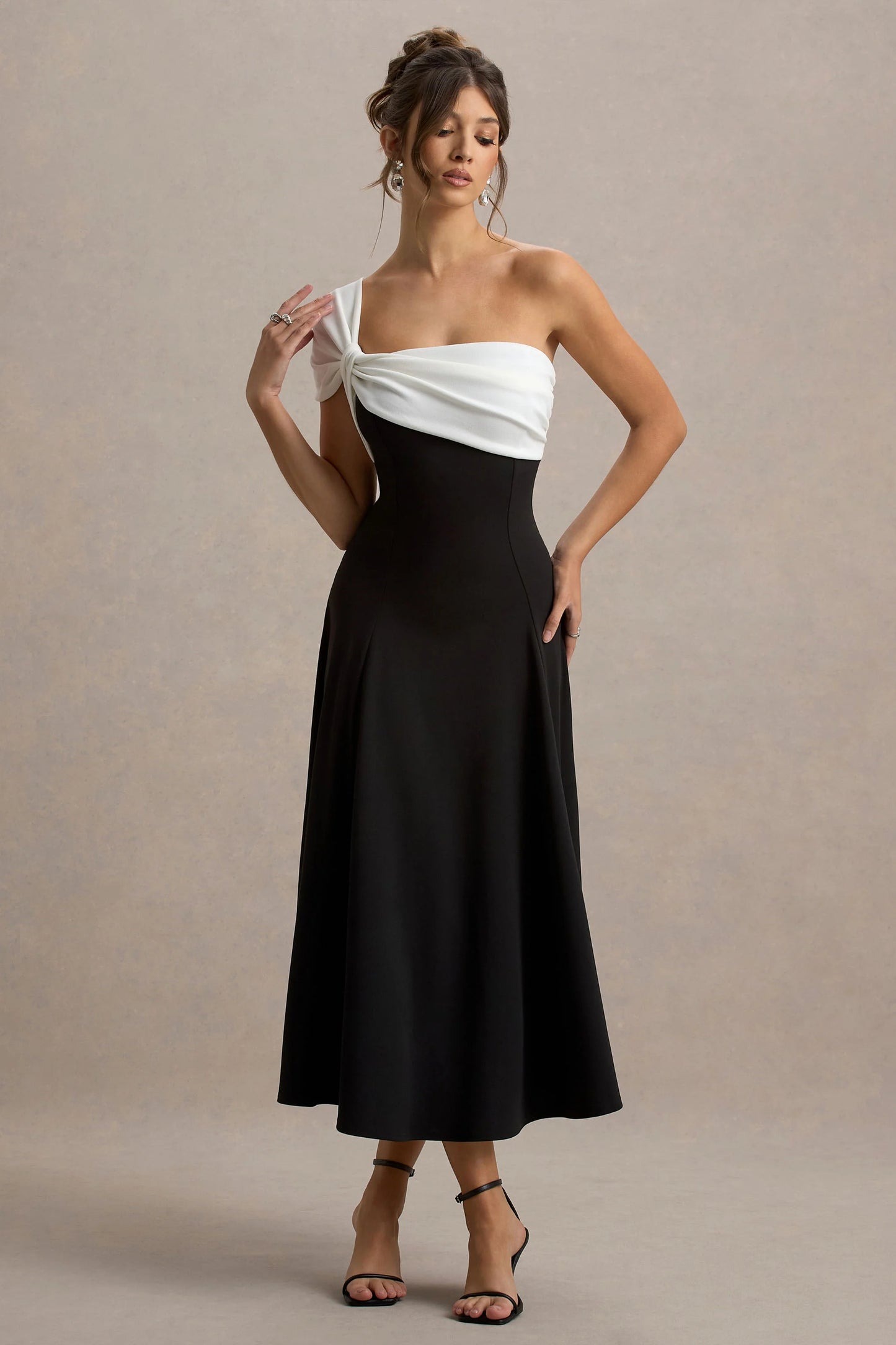 Malta Black & White One-Shoulder Midi Dress