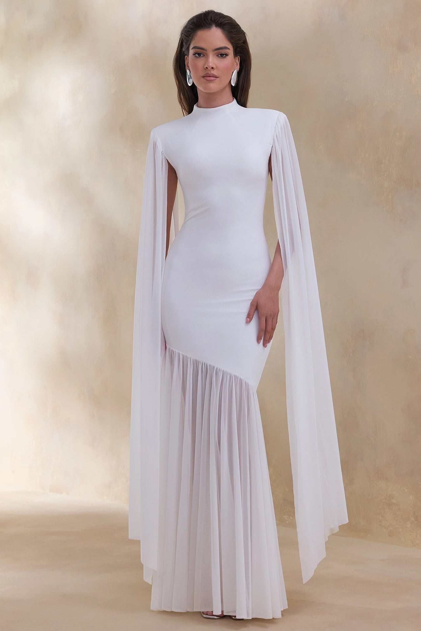 Chantelle White High-Neck Maxi Dress With Drop-Waist And Cape-Sleeves