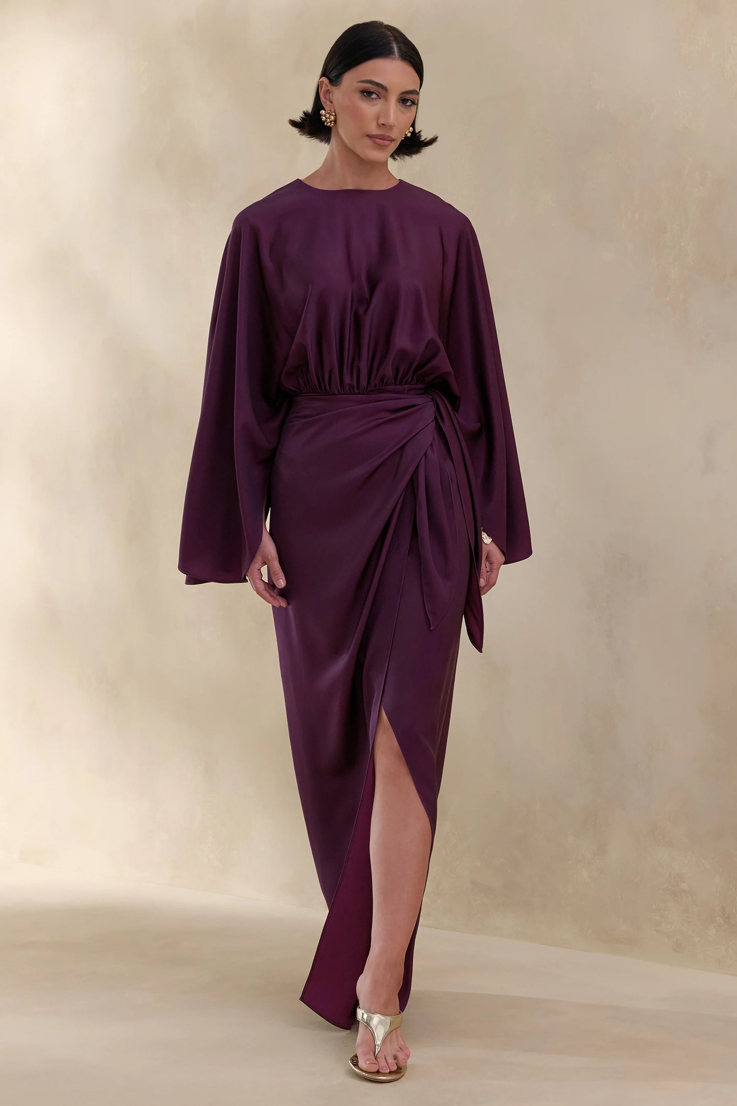 Delphina Plum Satin Maxi Dress With Gathered And Knot-Detail