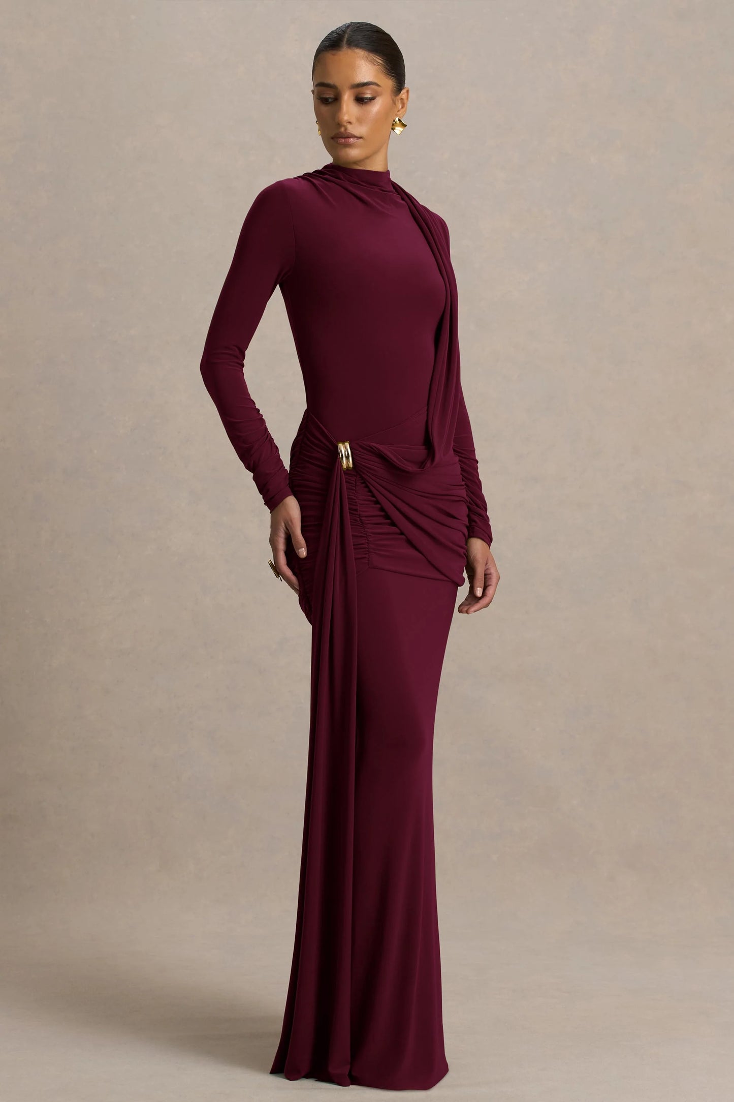 Melissa Burgundy Long-Sleeve Wrap Maxi Dress With Draped Detailing