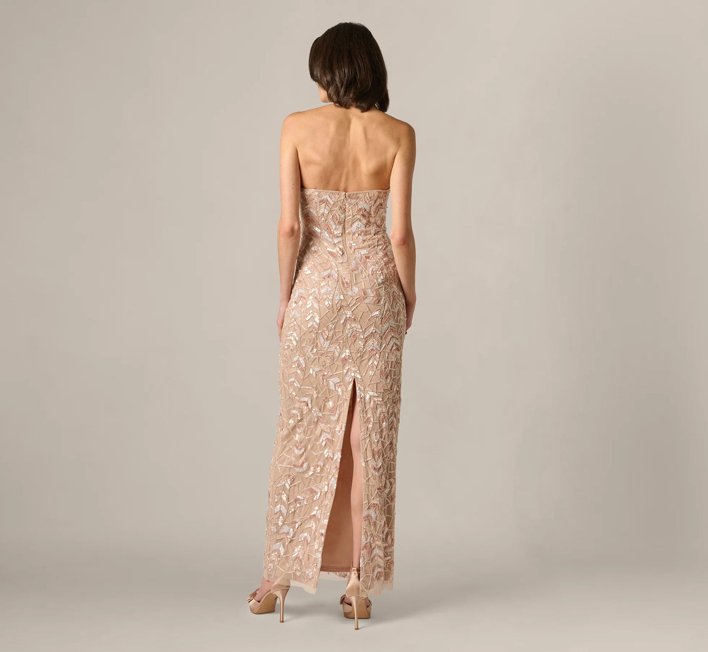 Sequin Beaded Leaf Halter Gown In Rose Quartz