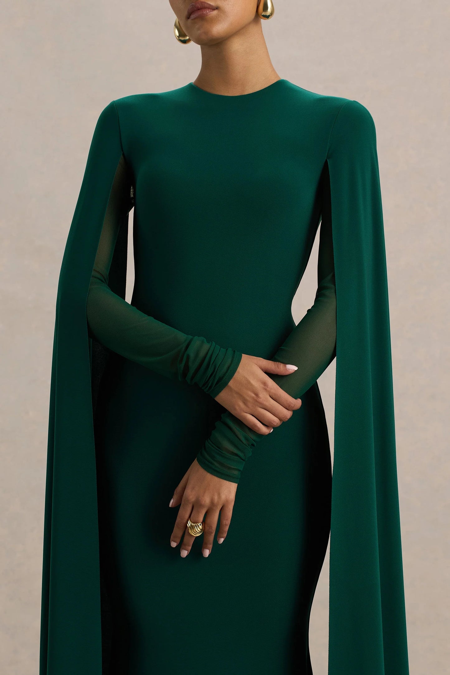 Isla Bottle Green Crew-Neck Maxi Dress With Cape Sleeve