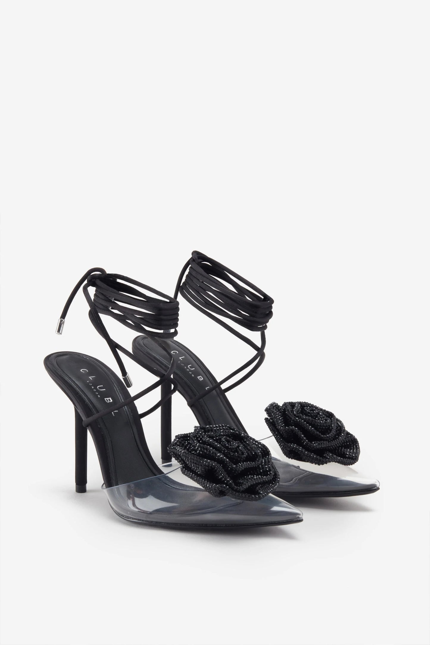 Sharpened Black Lace-Up Clear Stiletto Heels With Diamante Flowers