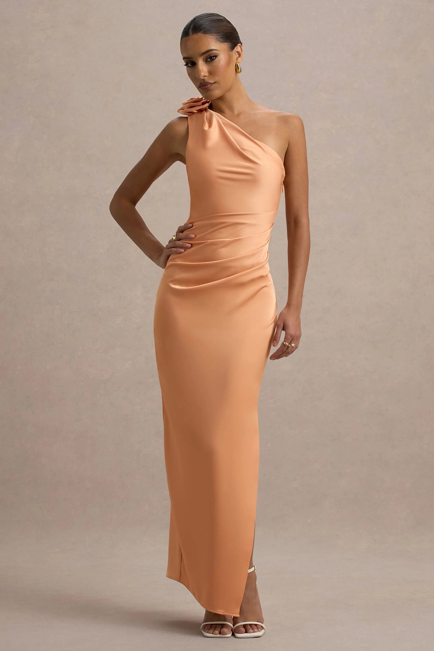 Janette Peach Satin One-Shoulder Split Maxi Dress With Corsage