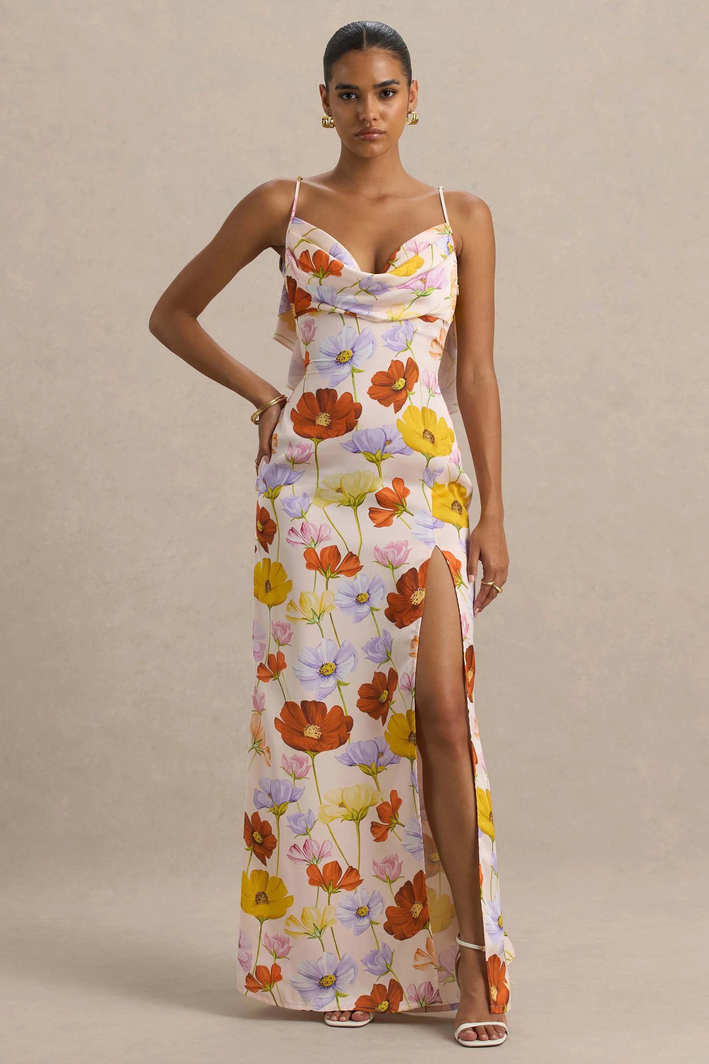 Thames Bright Floral Print Satin Cowl-Neck Maxi Dress