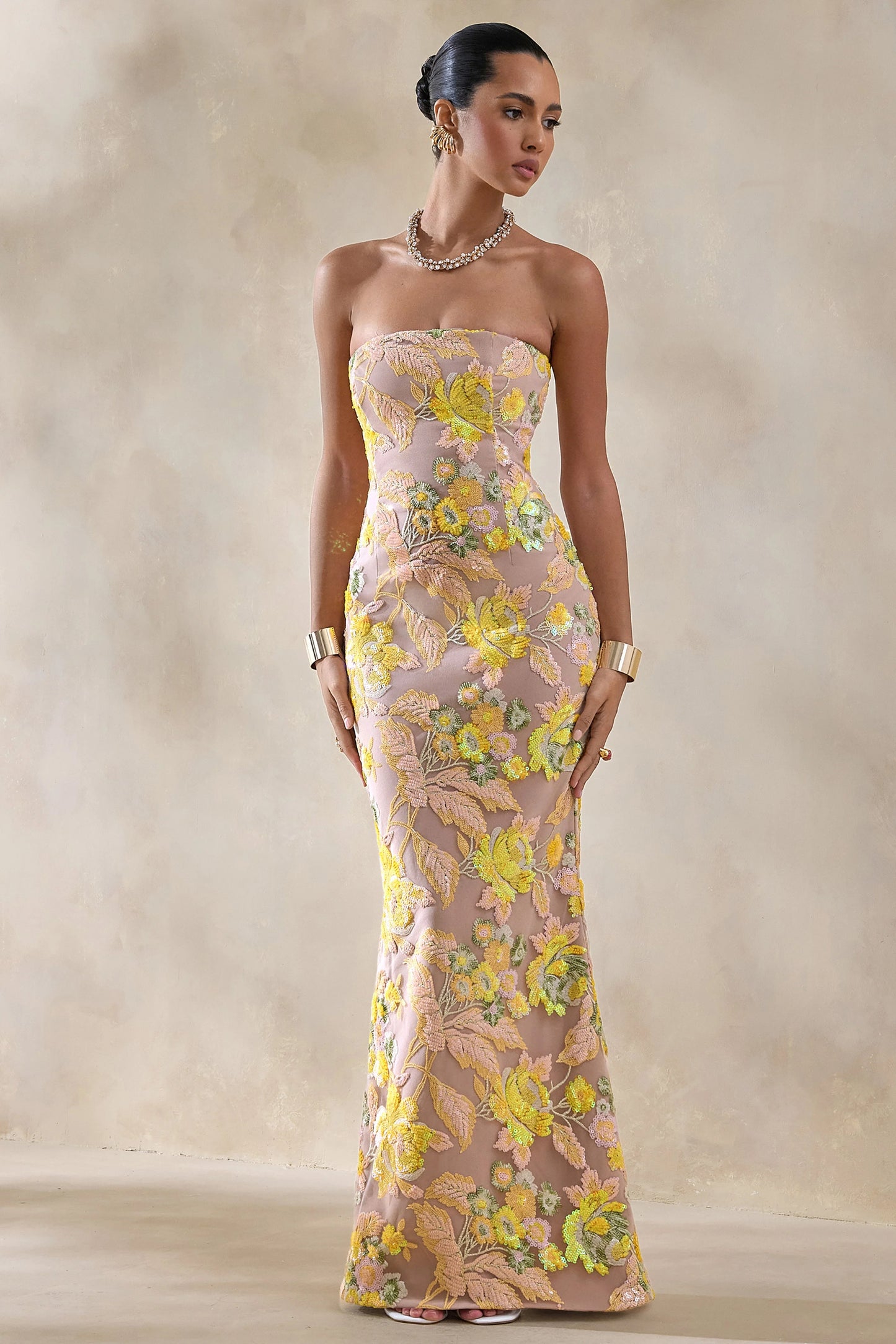 Severn Yellow Embellished Floral Bandeau Maxi Dress