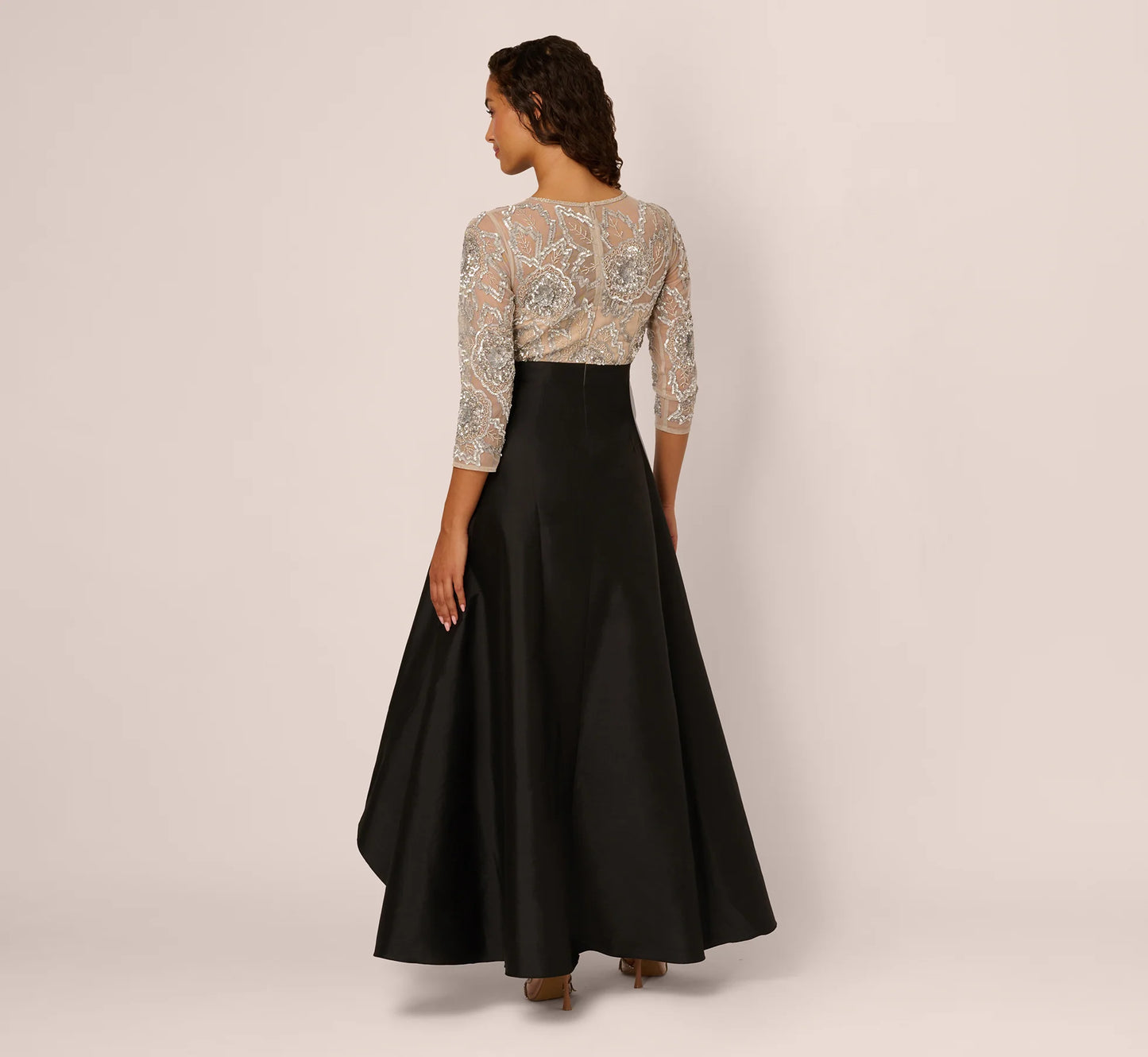 Three Quarter Sleeve Beaded Taffeta Combo Gown In Black Silver