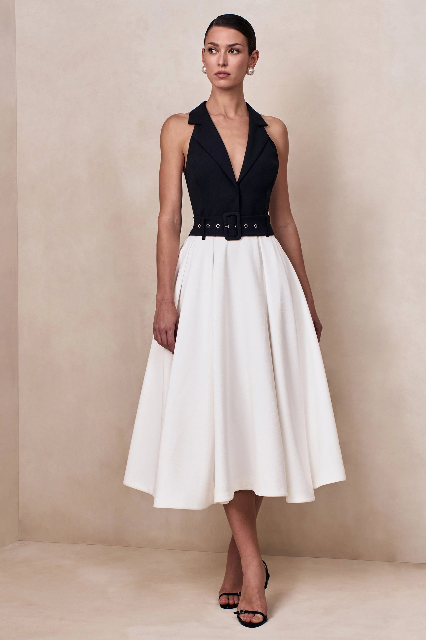 Alessa Black & White Plunge-Neck Tailored Midi Dress