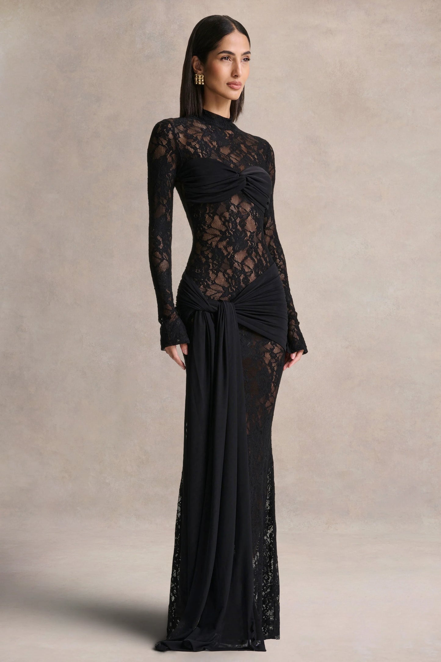 Akira Black Lace Maxi Dress With Sash-Detail