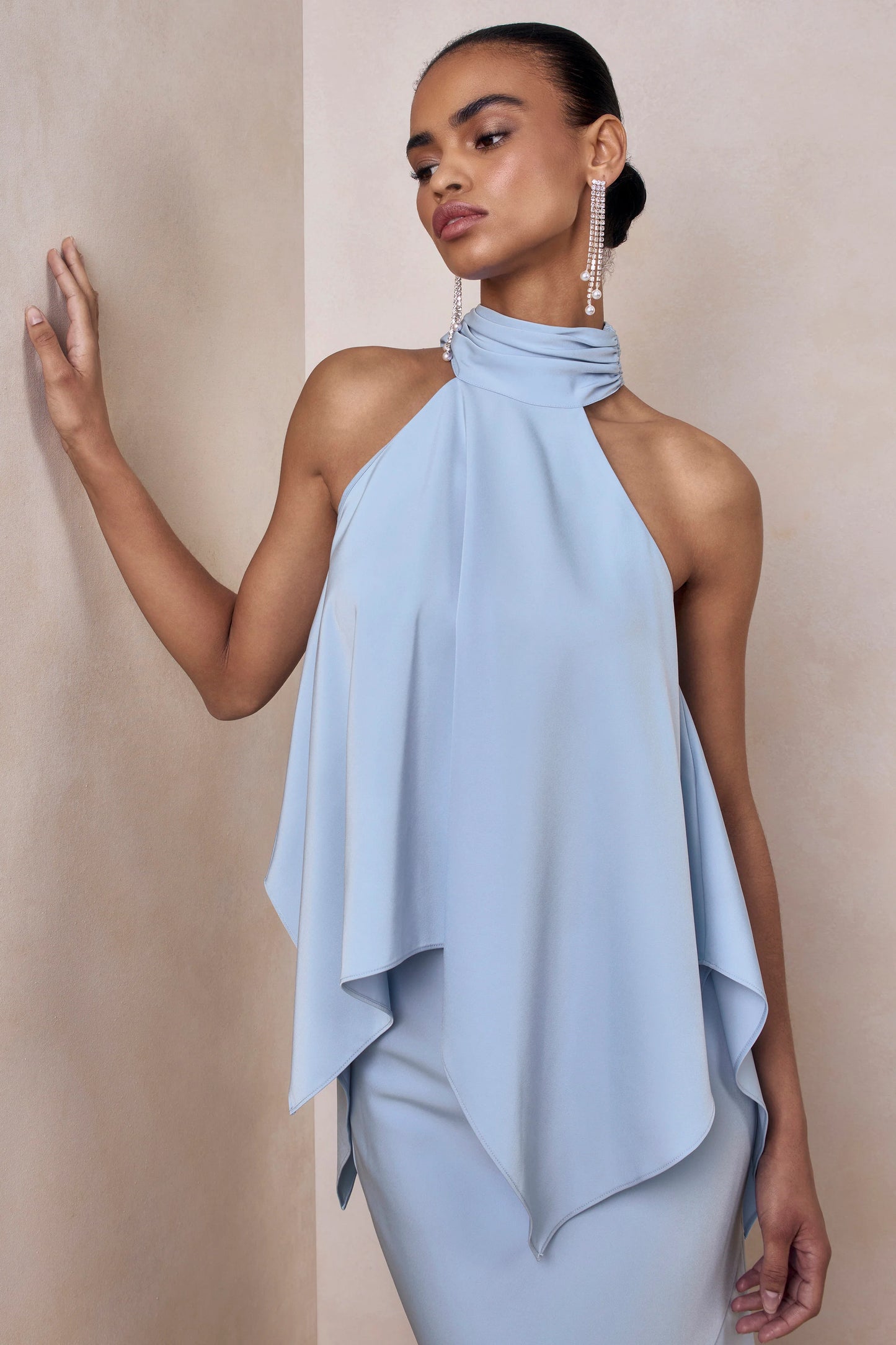 Sancelle Powder Blue Matte Satin Halter-Neck Top
