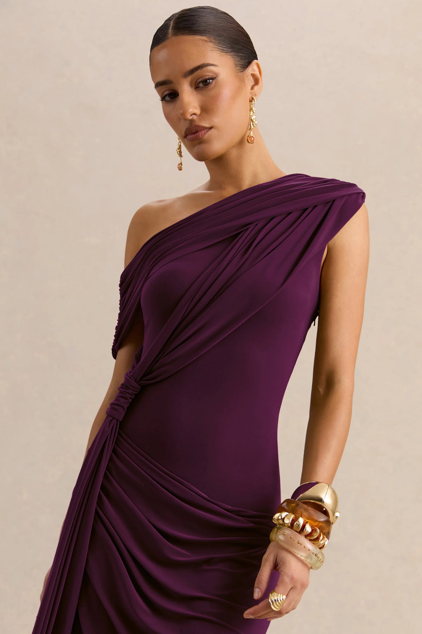 Avialee Dark Plum Asymmetric-Neck Maxi Dress With Gathered-Detailing And Sash