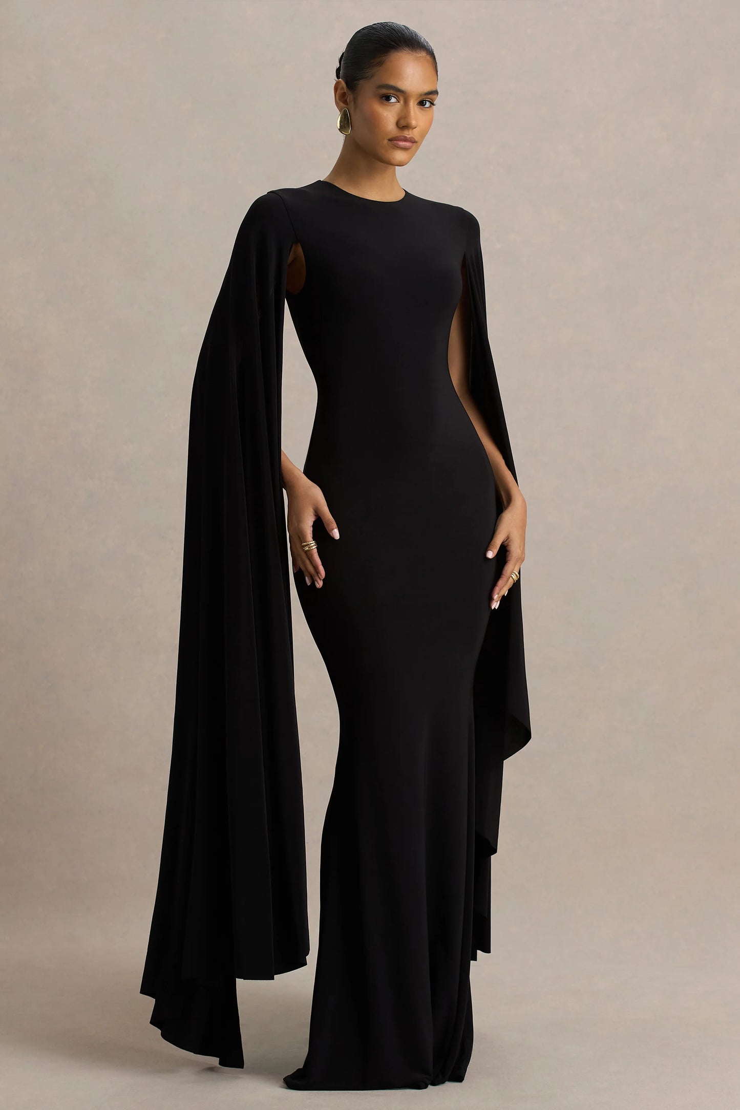 Briony Black Crew-Neck Maxi Dress With Cape Sleeves