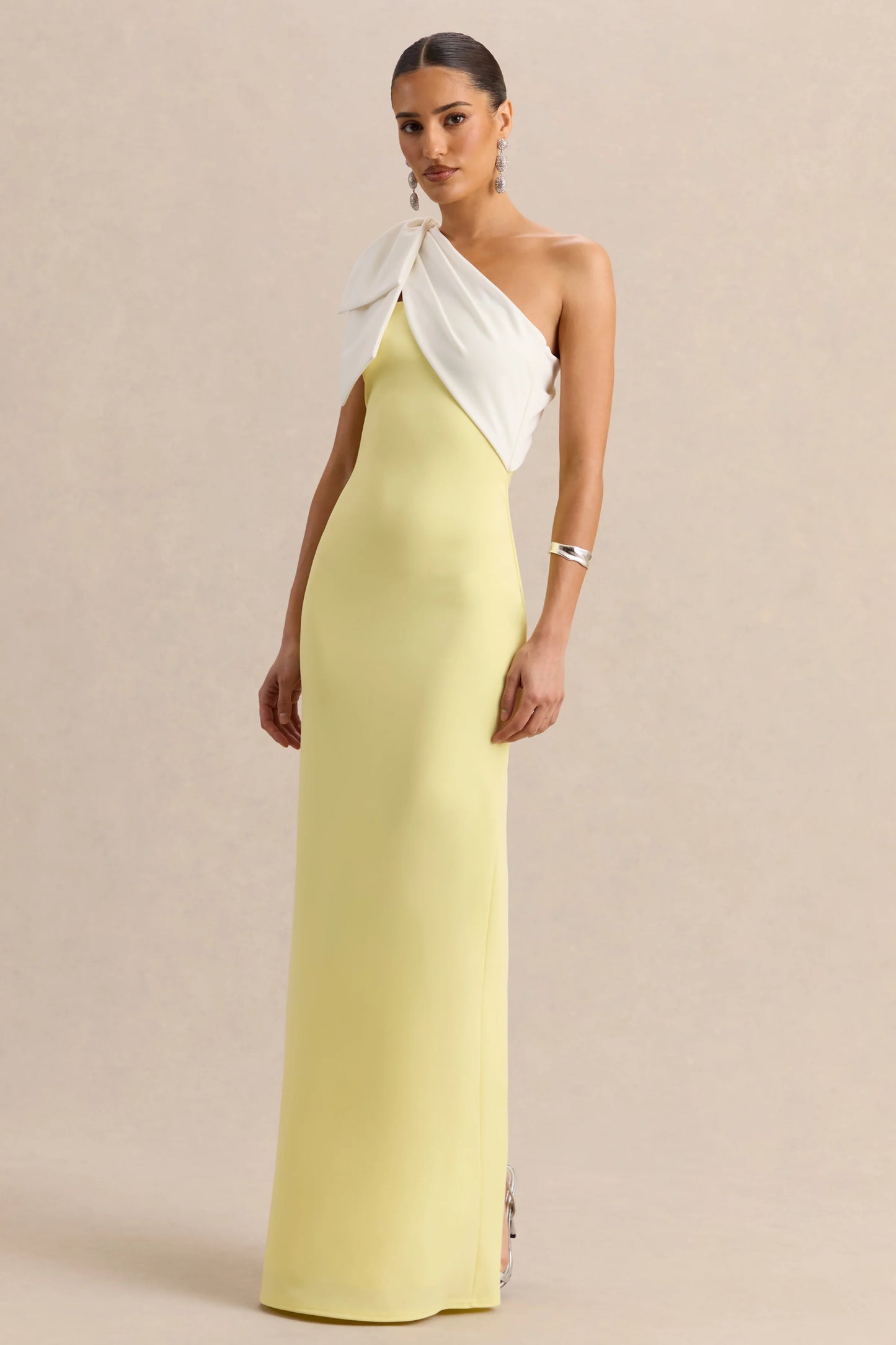 Adara Lemon & White Asymmetric-Neck Maxi Dress With Bow-Detail