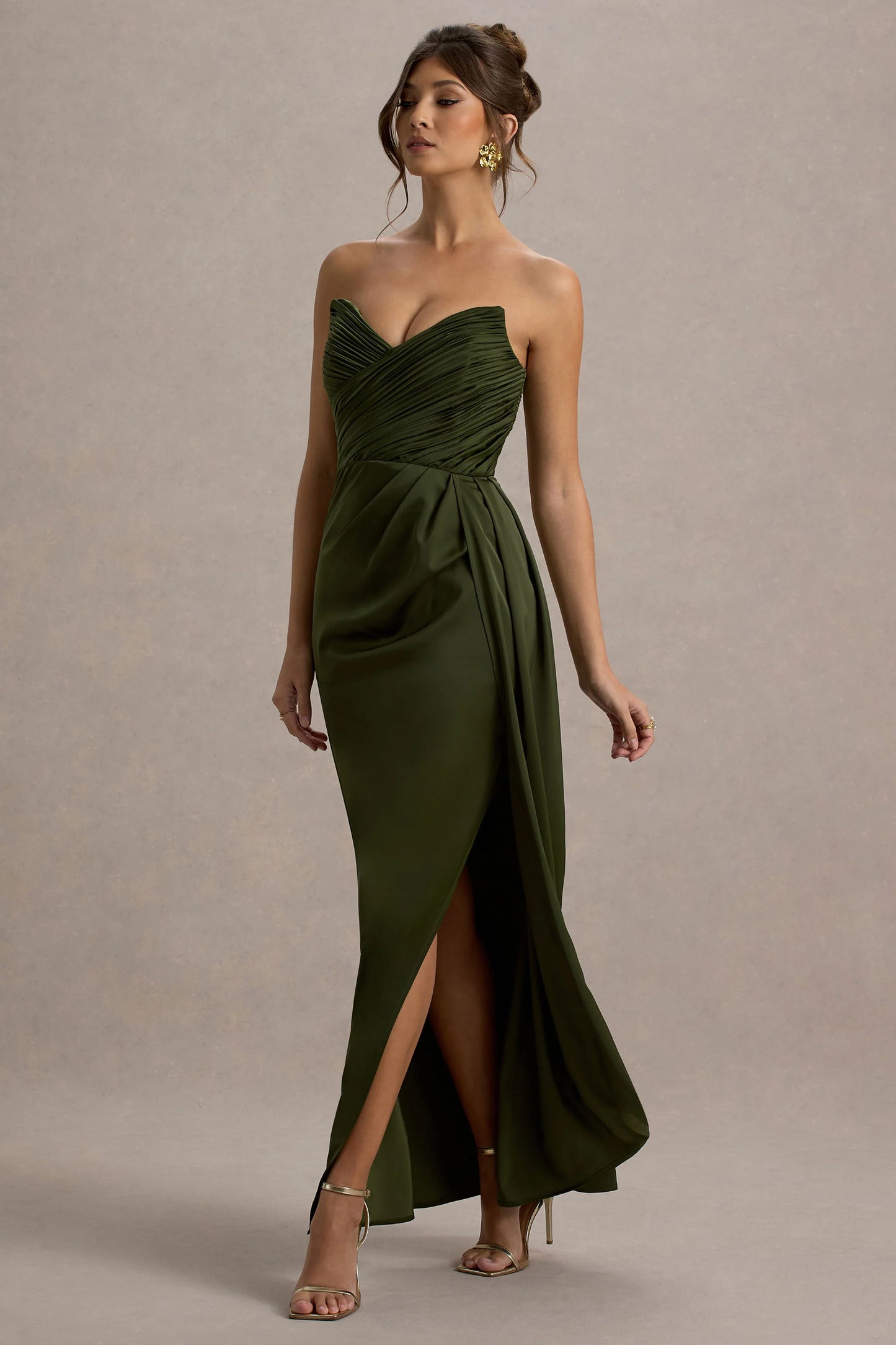 Edel Olive Satin Strapless Maxi Dress With Drape