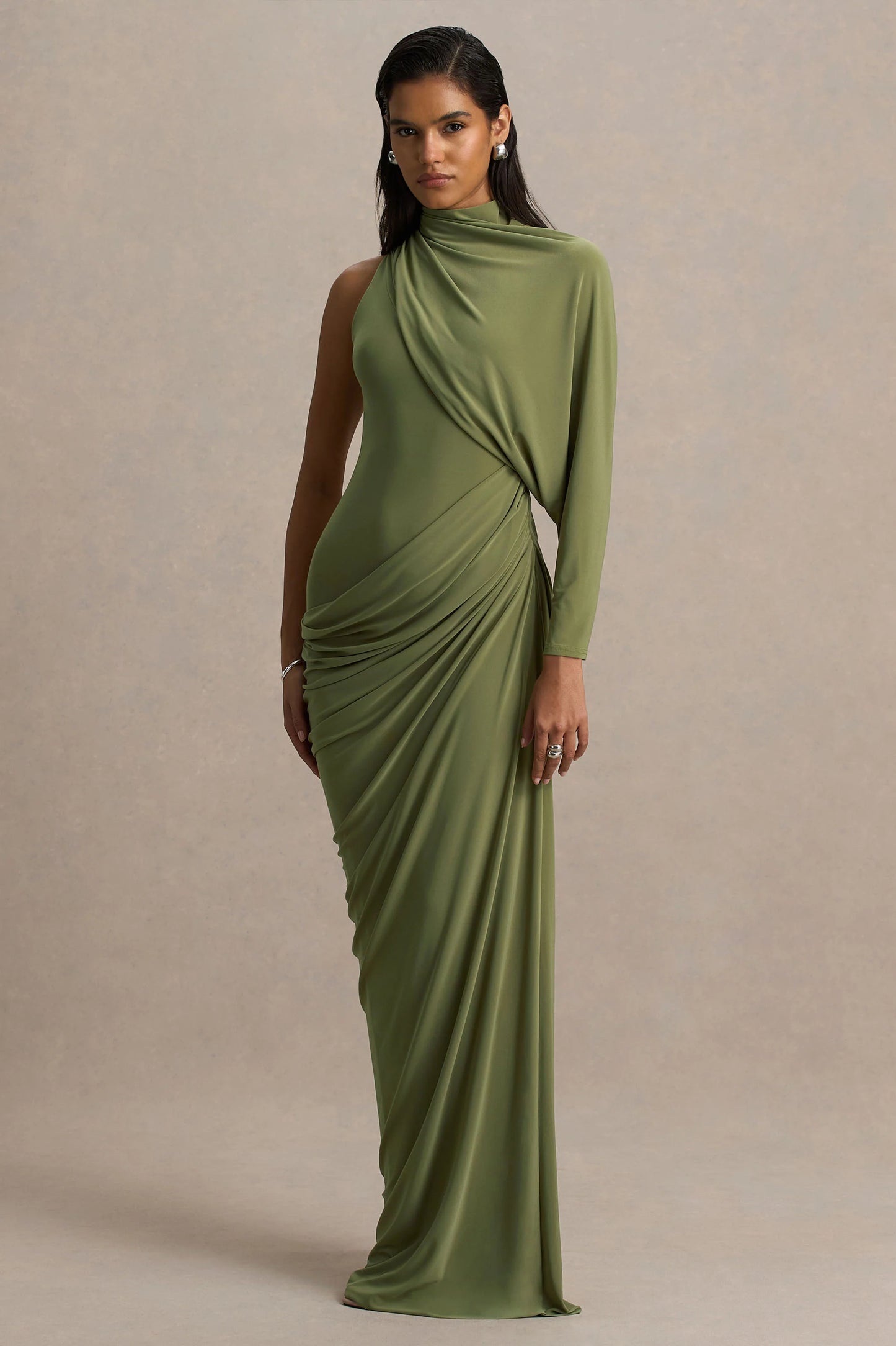 Aphra Green High-Neck Maxi Dress With Cape-Sleeve