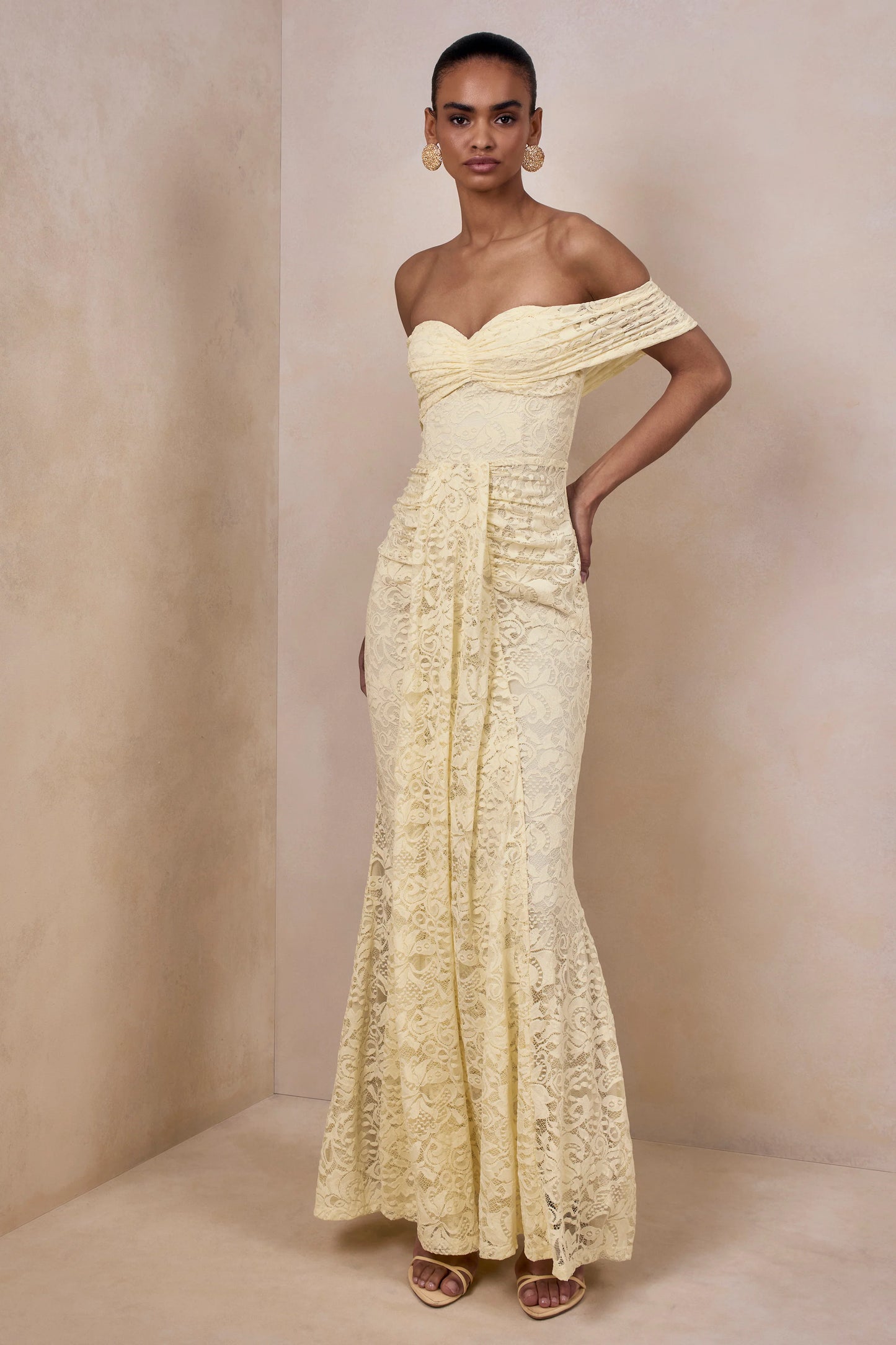 Aries Lemon Lace Bardot-Neck Maxi Dress With Gathered Detailing