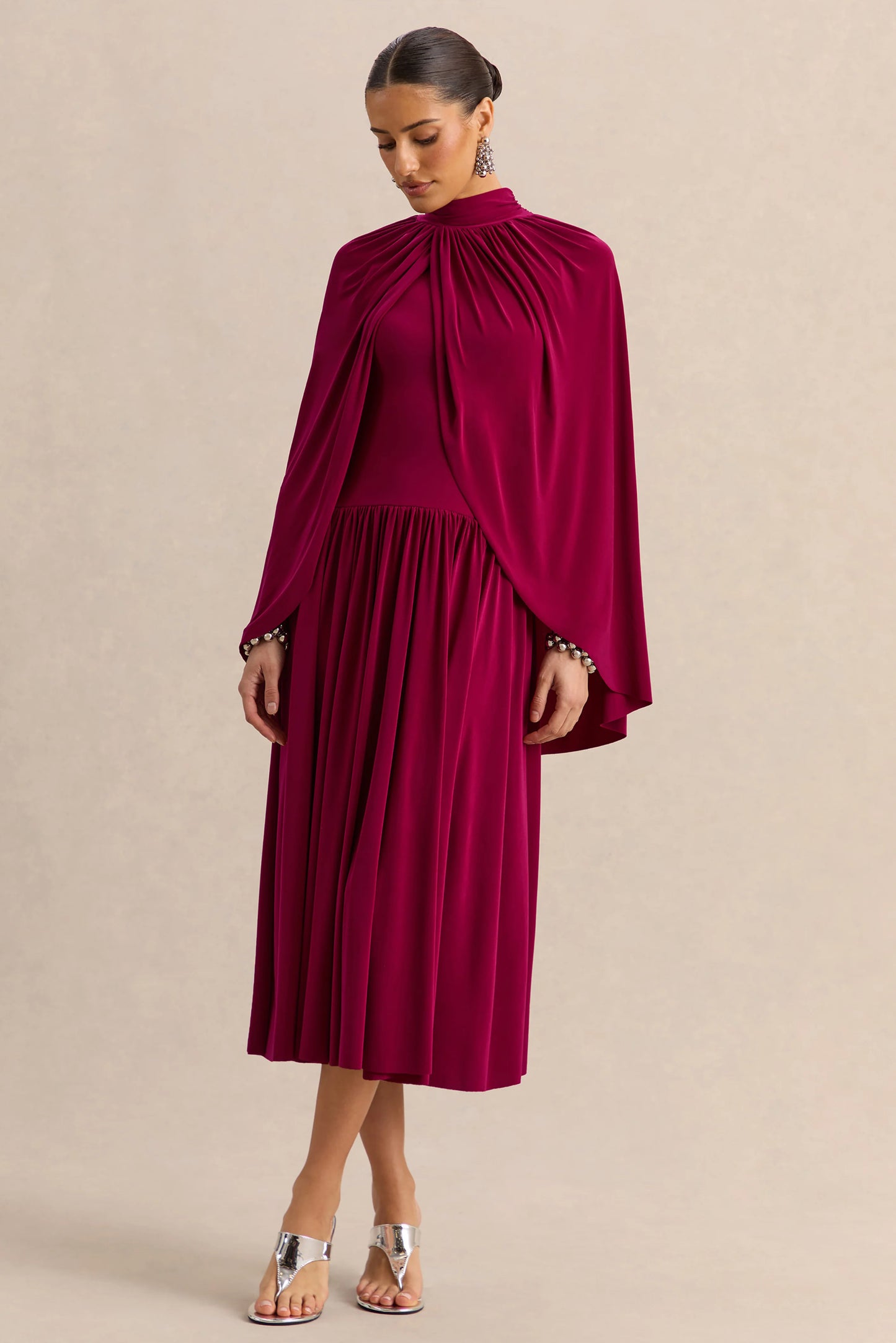 Honora Burgundy High-Neck Midi Dress With Cape-Sleeves