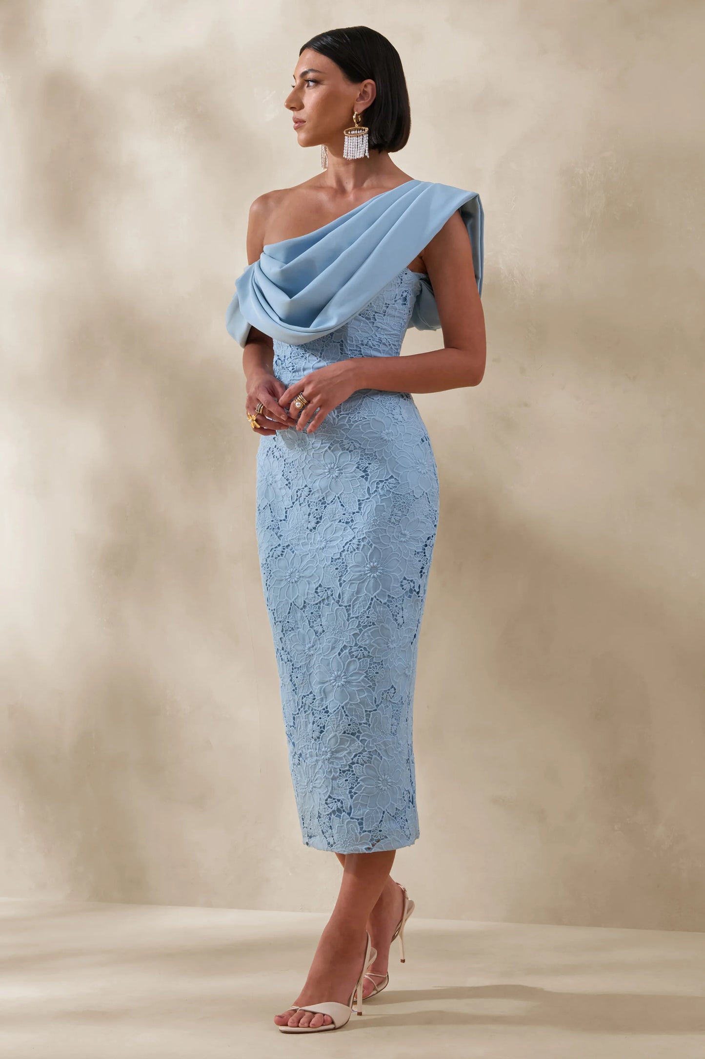 Loria Powder Blue Lace Asymmetric-Neck Midi Dress With Draped Detailing